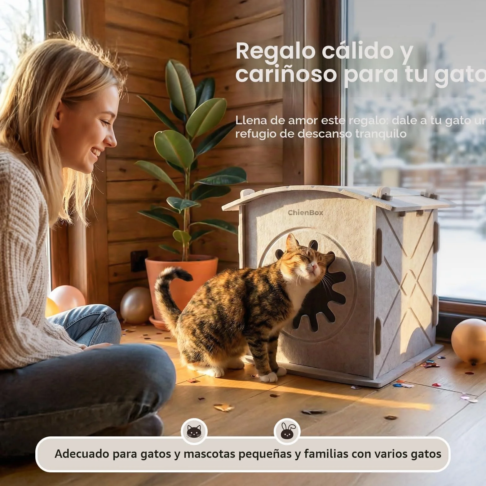Casa para Gatos Interior de Fieltro: Cálida Cueva para Gatos Invierno, Casa Gatos Robusta, Casa Gato con Entrada Rascadora, Cama para Gatos Fácil de Limpiar y Montar, Cueva Gato 38x36x38cm