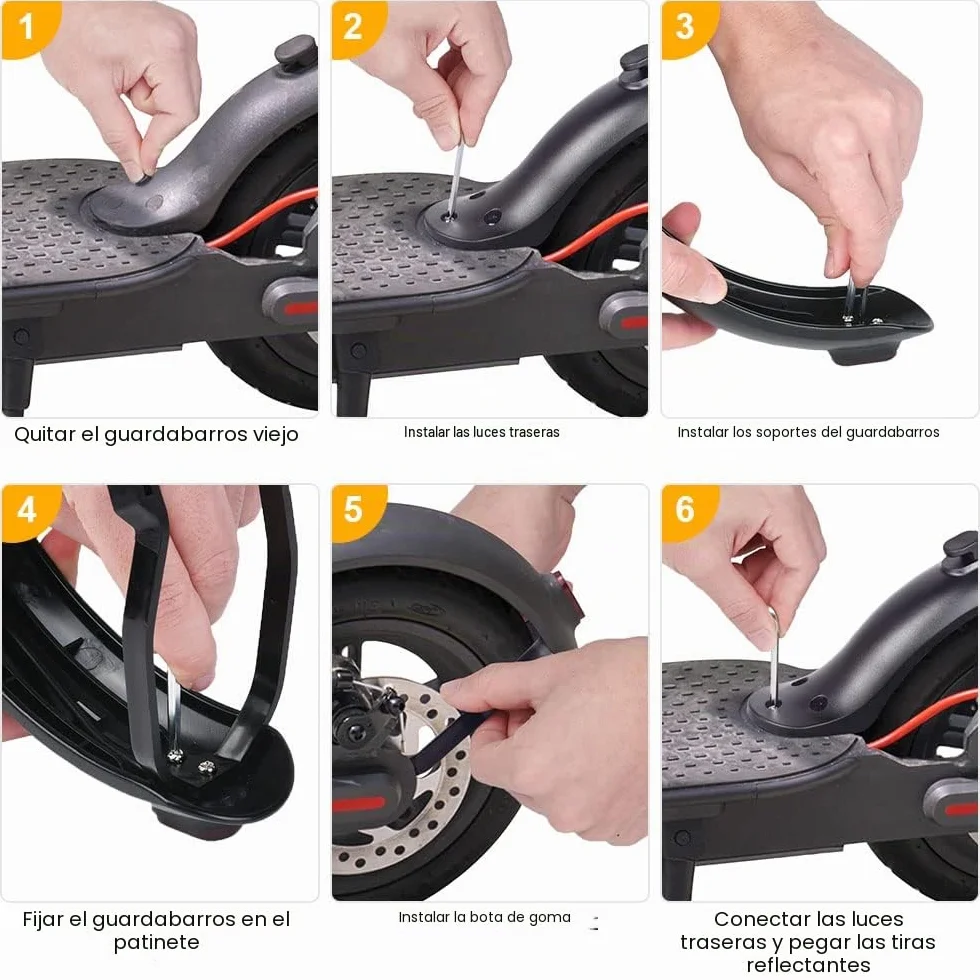 Ainiv Juego de Guardabarros Trasero Patinete con Soporte, Luz LED y Tira Reflectante