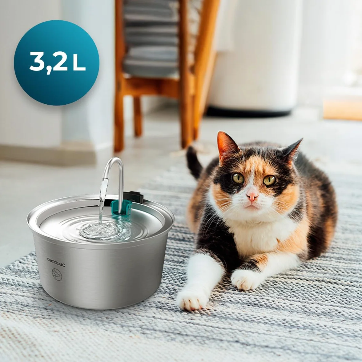 Cecotec Fuente para Gatos Automática Mascotas Pumba 3200 Refresh INOX. Capacidad de 3,2L, Acero Inoxidable, Filtro Alto Rendimiento, Silenciosa, Diseño de Cascada, IPX4, Fácil Limpieza