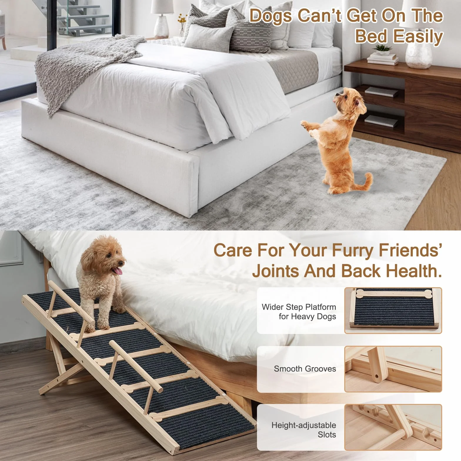 Rampa de madera para perros para cama alta, rampa antideslizante de 120 cm de largo para sofá, 6 alturas ajustables de 40 a 71 cm con alfombrilla de tracción antideslizante para perros pequeños,
