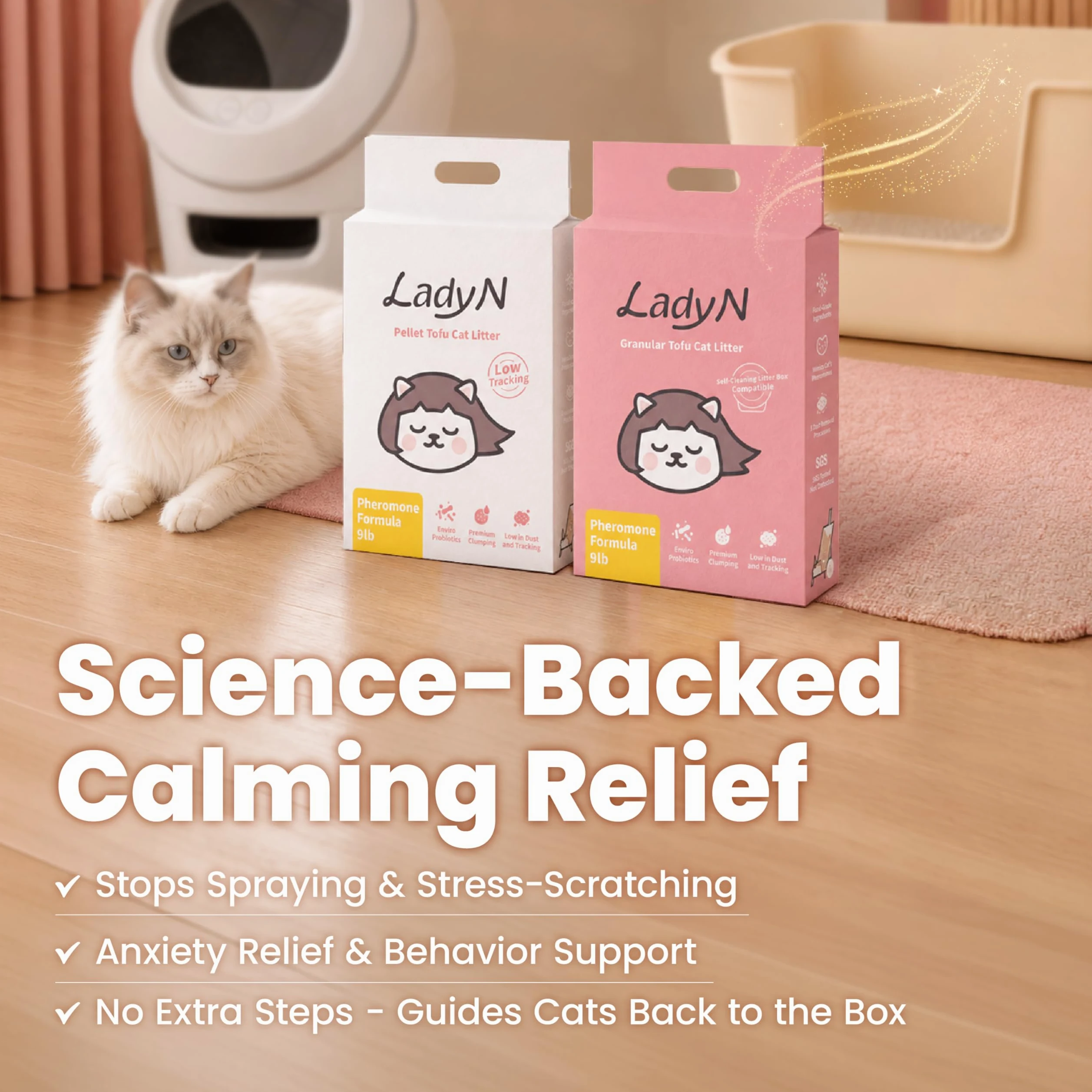 Lady N Cat Attract - Arena de tofu - Fórmula atrayente natural para entrenamiento de cajas de arena, feromonas calmantes para hogares con varios gatos, forma clásica de pellets para caja de arena