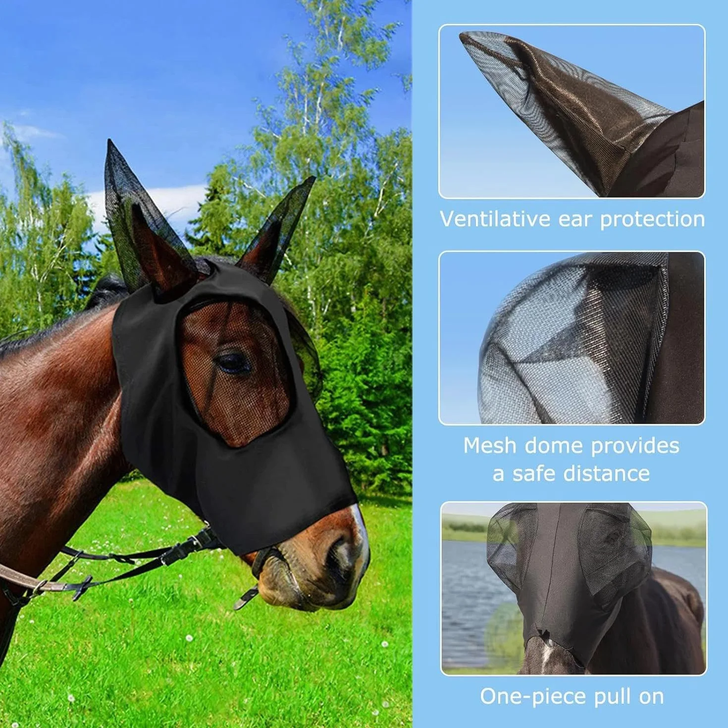 1 Máscaras Protectoras para Caballos con Cobertura Orejas, Tela Lycra Elástica, Repele Moscas e Insectos, Protección Solar Equina, Malla Transpirable y Suave