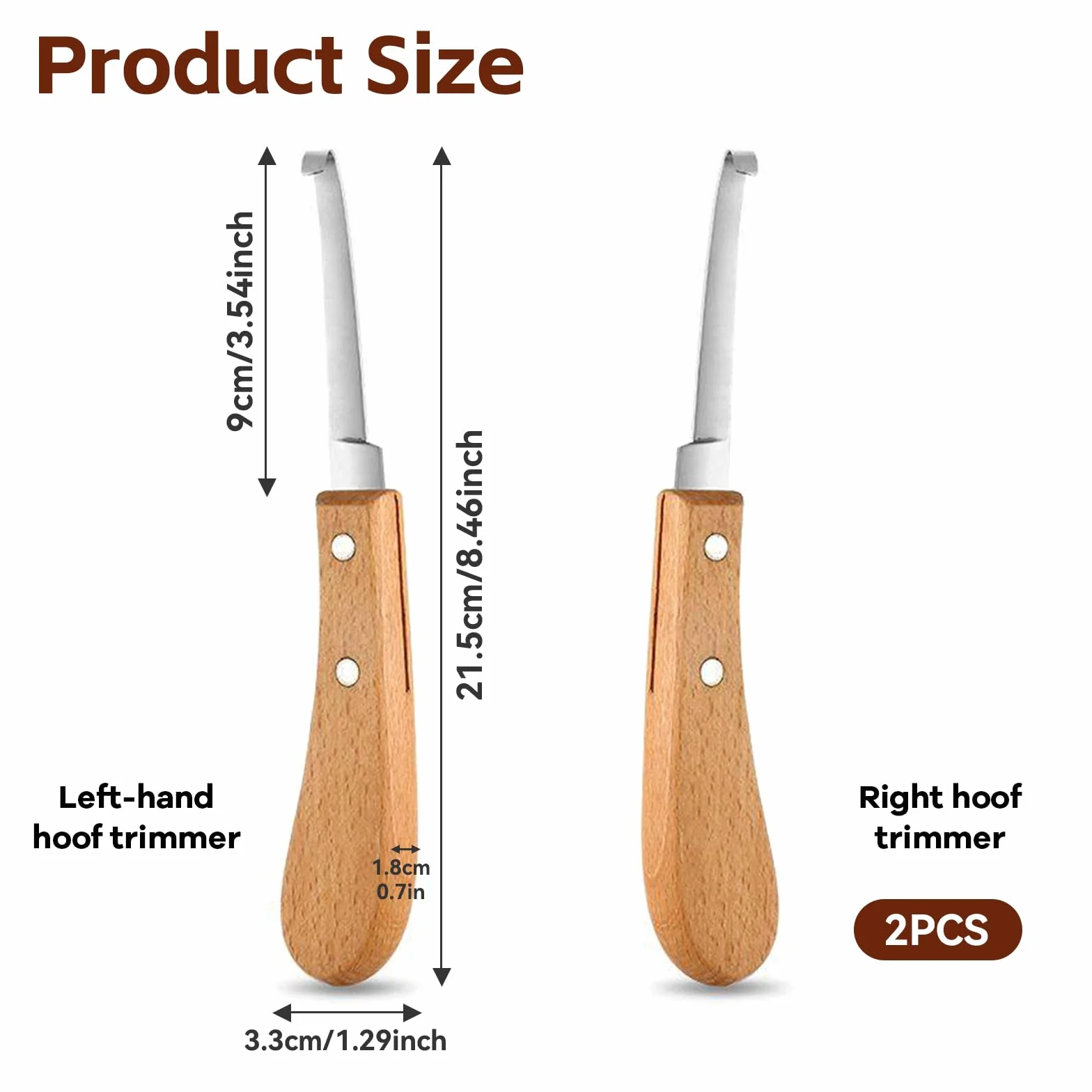 2 piezas Cuchillo para Pezuñas, 21.5 CM Cuidado de Los Cascos Acero Inoxidable Zurdos y Diestros, Herramientas para Recortar Pezuñas con Mango de Madera para Ganado Vacuno, Ovino y Equino