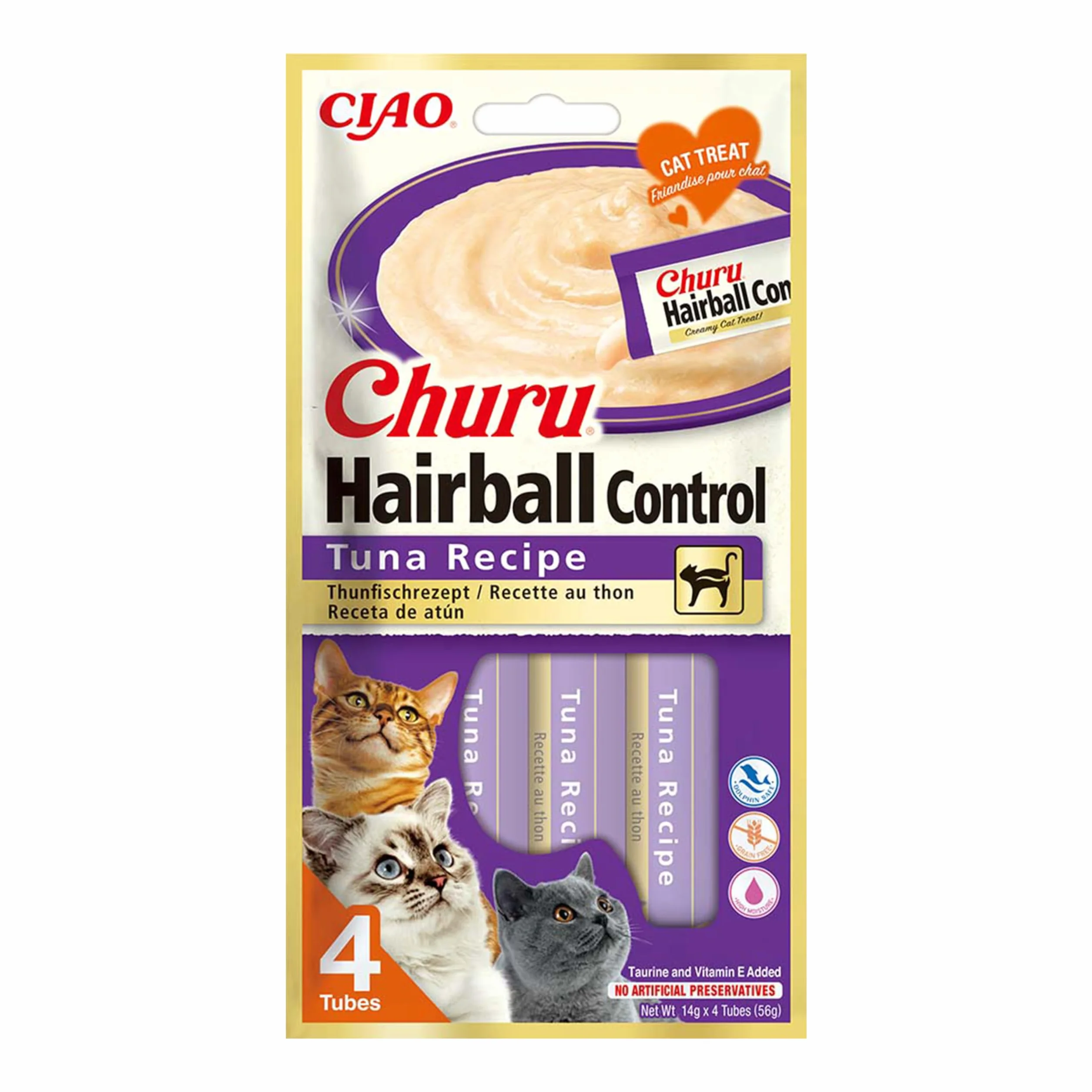 Churu Hairball Control Gatos - Snacks para prevenir Las Bolas de Pelo- Receta de Atún - Promueve una digestión Saludable - 56g (4 Tubos x14g)