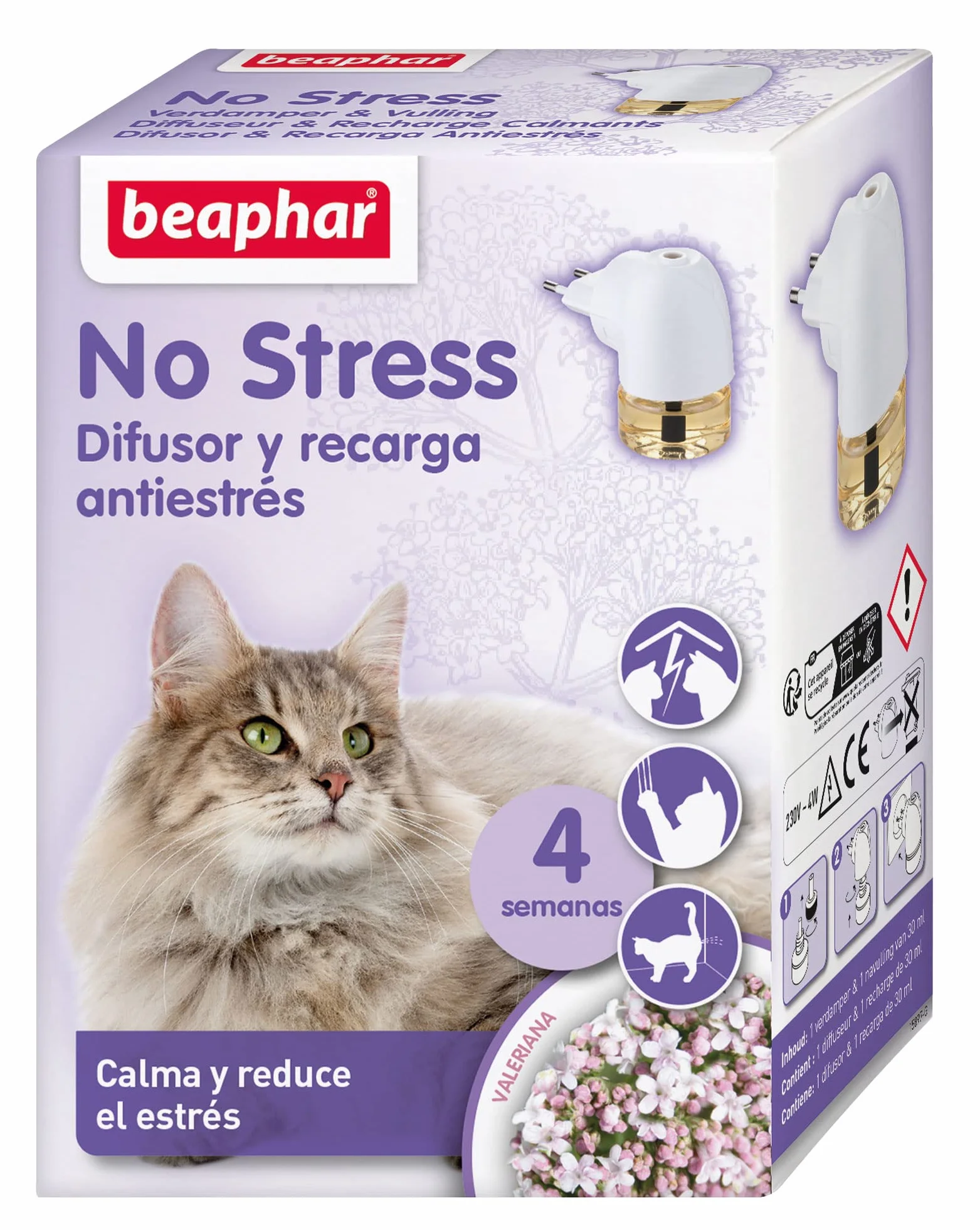 Beaphar No Stress Kit Antiestres Natural Gato 30ml, Difusor y Recarga, Reduce Estrés y Ansiedad, Arañazos, Miedos, Cambios Entorno, Ruidos, Marcaje con Orina, Conflictos, 30ml