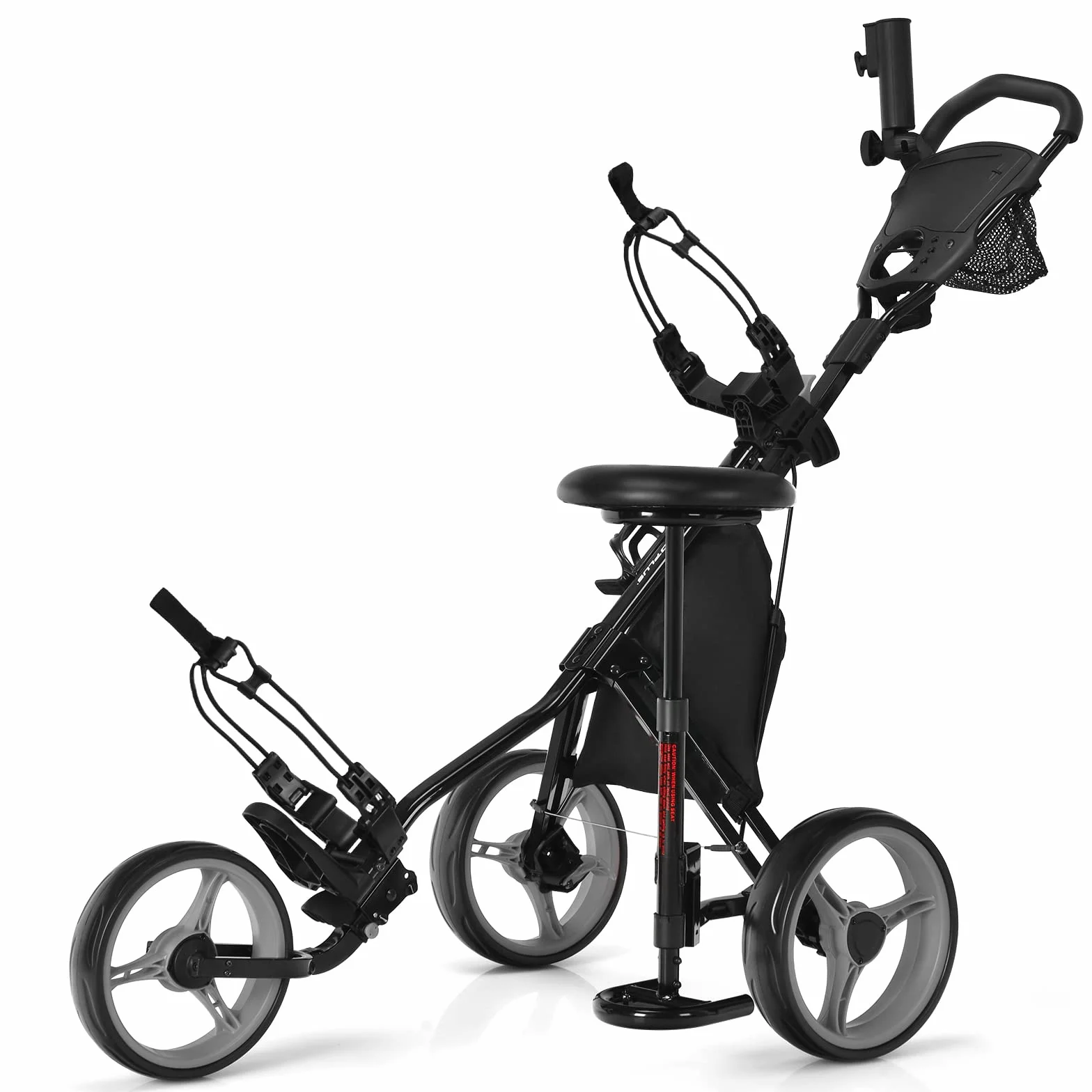 COSTWAY Carro de Golf Plegable 3 Ruedas con Altura Regulable, Asiento, Porta Paraguas y Bebidas