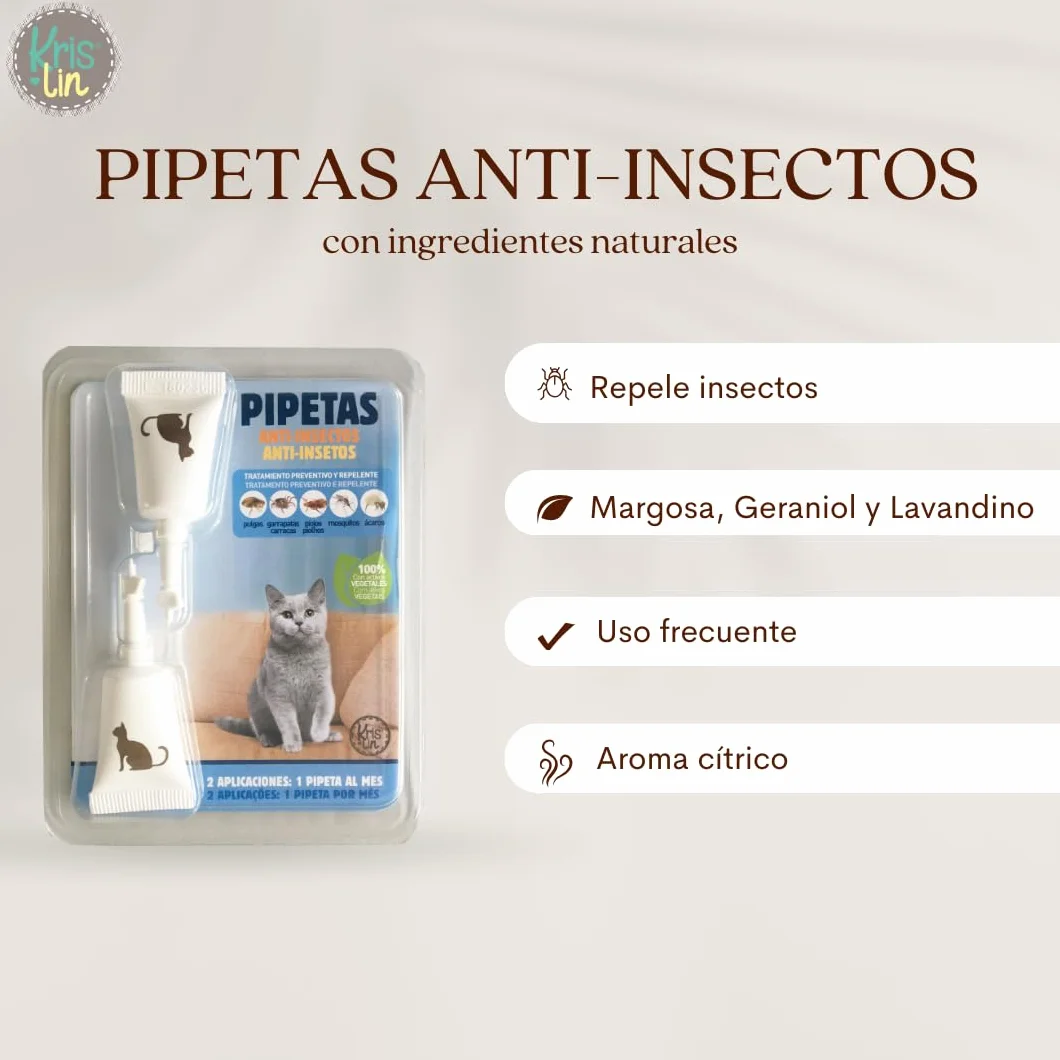 Pipetas Repel para Gatos con Margosa, Geraniol Y Lavandino, contra pulgas, garrapatas e Insectos, Blister con 2 Unidades