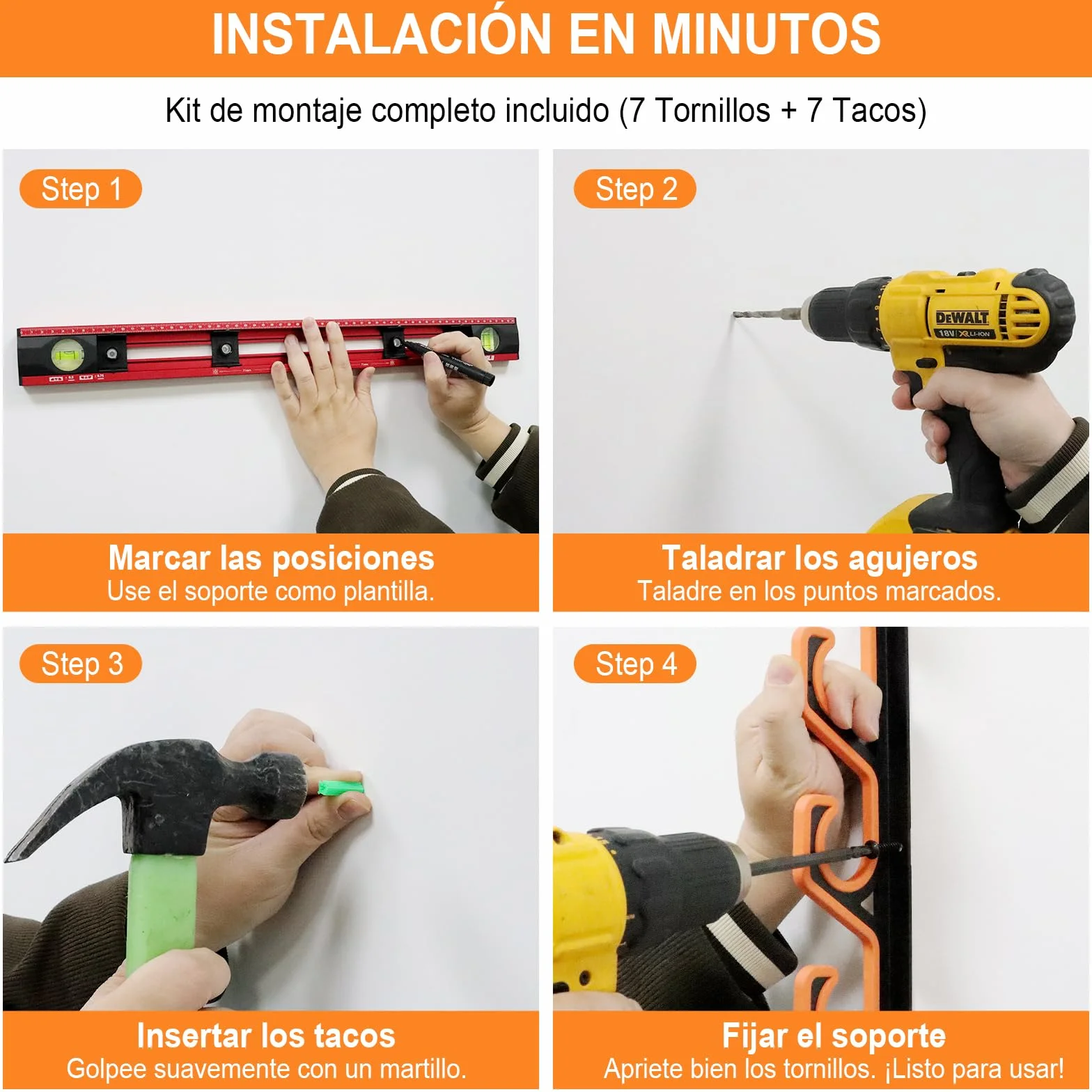 Soporte Cañas Pescar Pared Techo, Organizador Horizontal 5 Cañas, Porta Cañas Pescar Garage Goma PU, Estante Antiarañazos Negro Amarillo