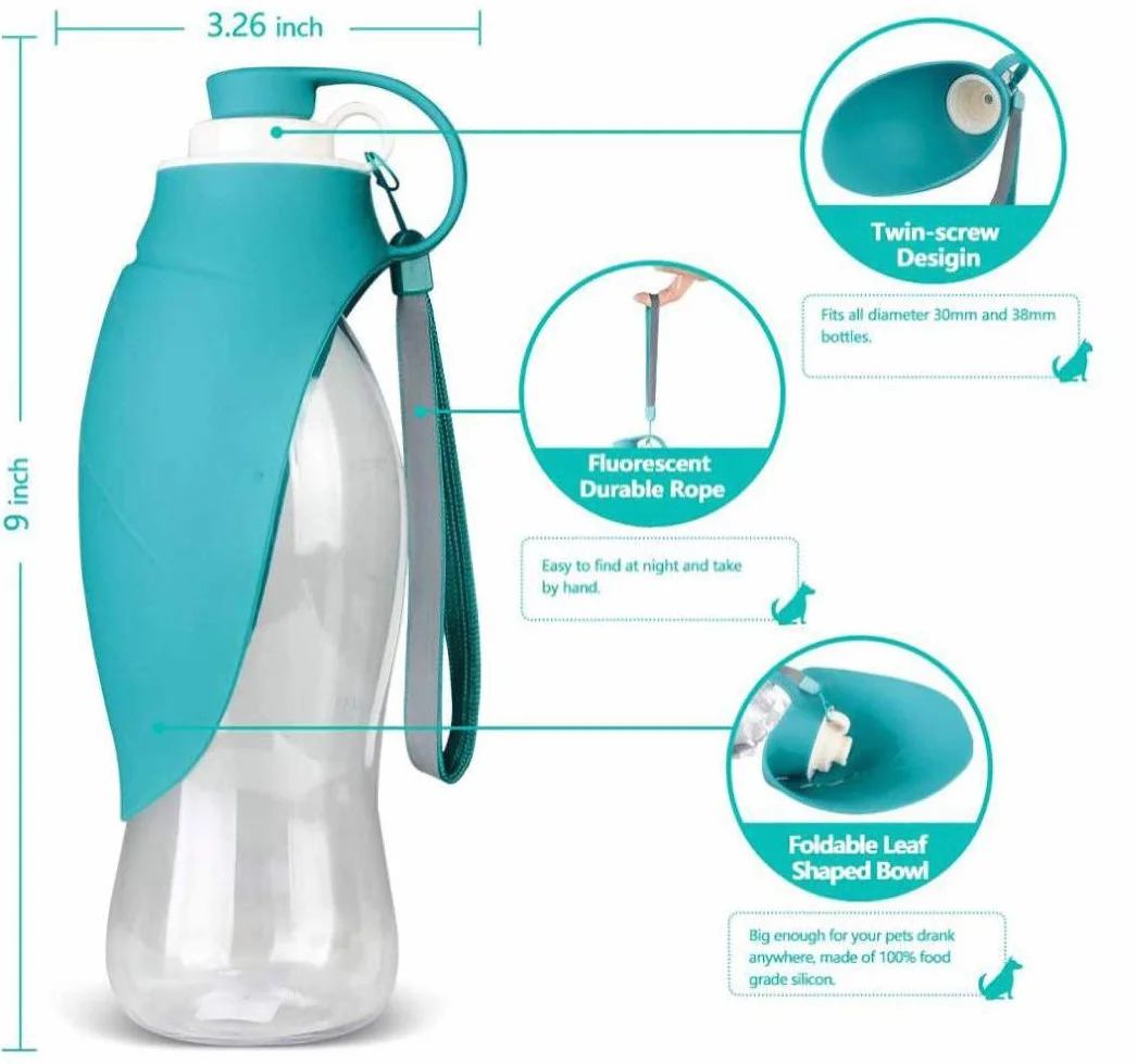 Botella de Agua portátil de Viaje para Perros, Tapa Plegable como Cuenco, Botella de Silicona, Exterior, 580 ml (Azul)