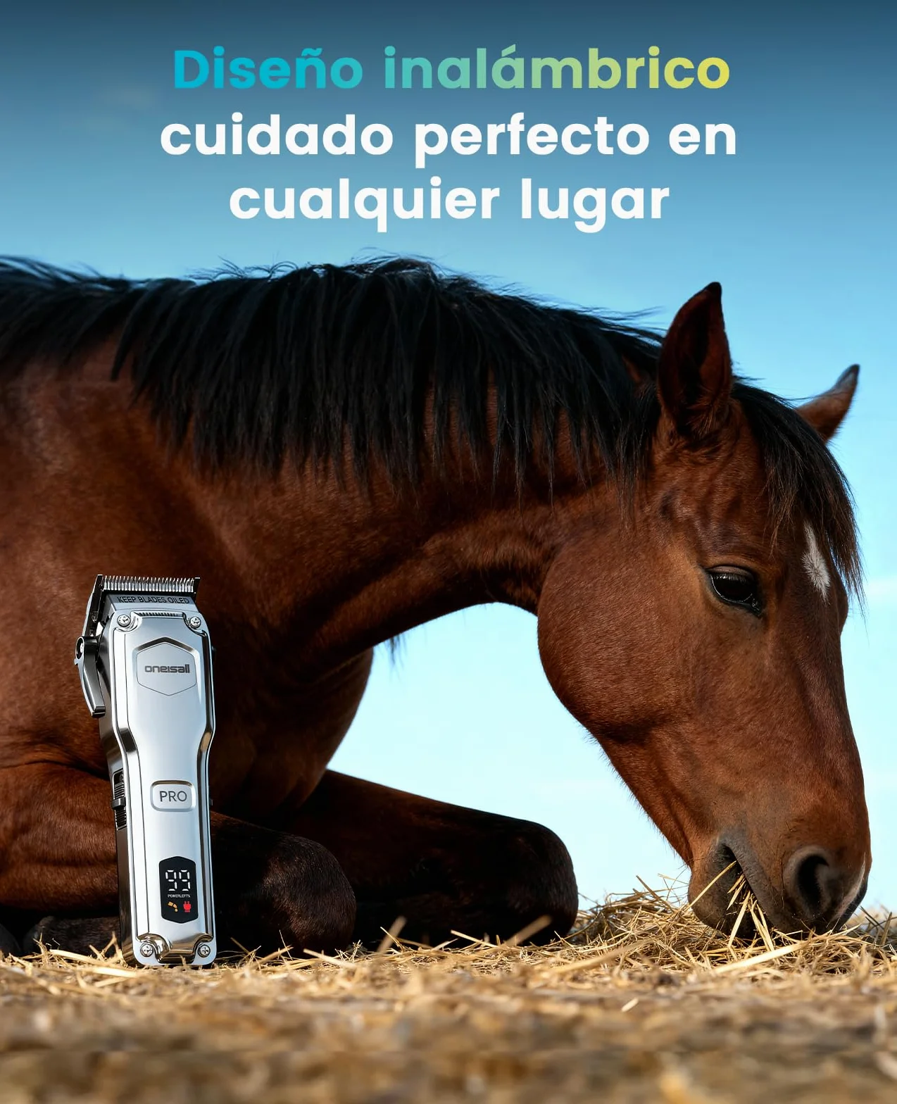 Oneisall Máquina Cortapelo para Caballos Inalámbrica 6 Accesorios Cuchilla Acero Extraíble Silenciosa Pelaje Grueso 4h Autonomía