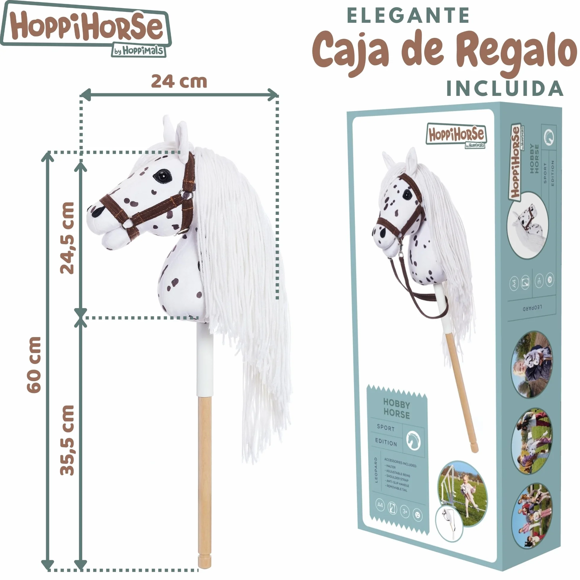 HOPPIHORSE Hobby Horse Deportiva A4 Caballo de Palo con Cabezada Riendas Correa Hombro Cola Empuñadura Silicona Peluche Caja Regalo