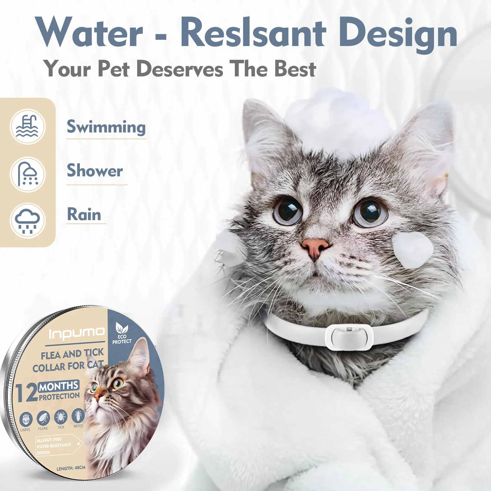 Collar Antiparasitario Gatos, Protección de 24 Meses, Ajustable, Impermeable, Ideal para Gatitos, Collar Antiparasitario Gatos Medianos y Grandes (48 cm)