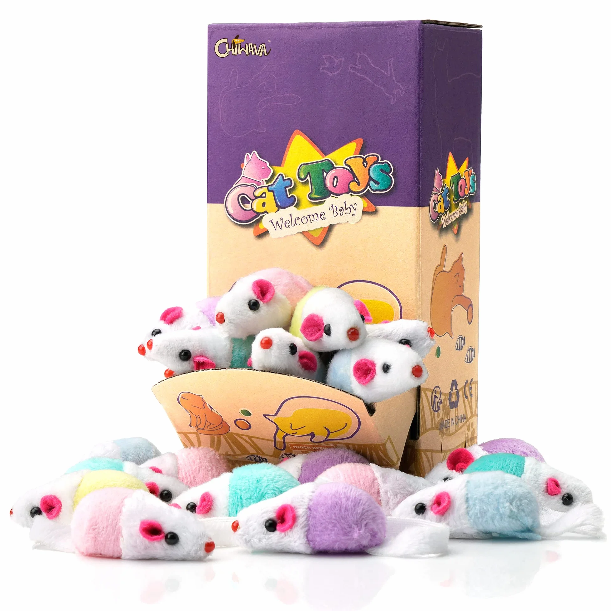 Chiwava 36 Piezas 11,5 cm Juguetes para Gatos Pequeño traqueteo Ratones Lindo Color Doble pequeño Ratón Gato Gatito Interactivo, Colores Variados