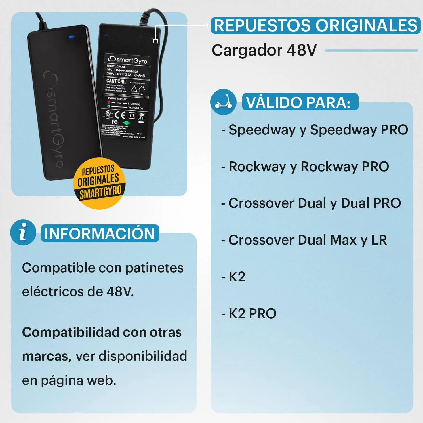 SmartGyro Cargador 48V 4800 para Patinetes Eléctricos Speedway, Rockway, Crossover, K2 y Ryder