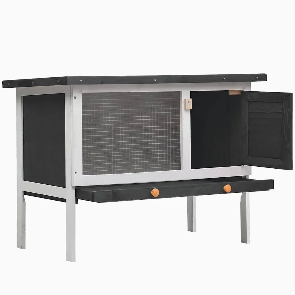 Conejera de madera de 1 nivel, conejera para animales pequeños, con bañera extensible y techo plegable, jaula para conejos, color gris y blanco, 90 x 45 x 65 cm