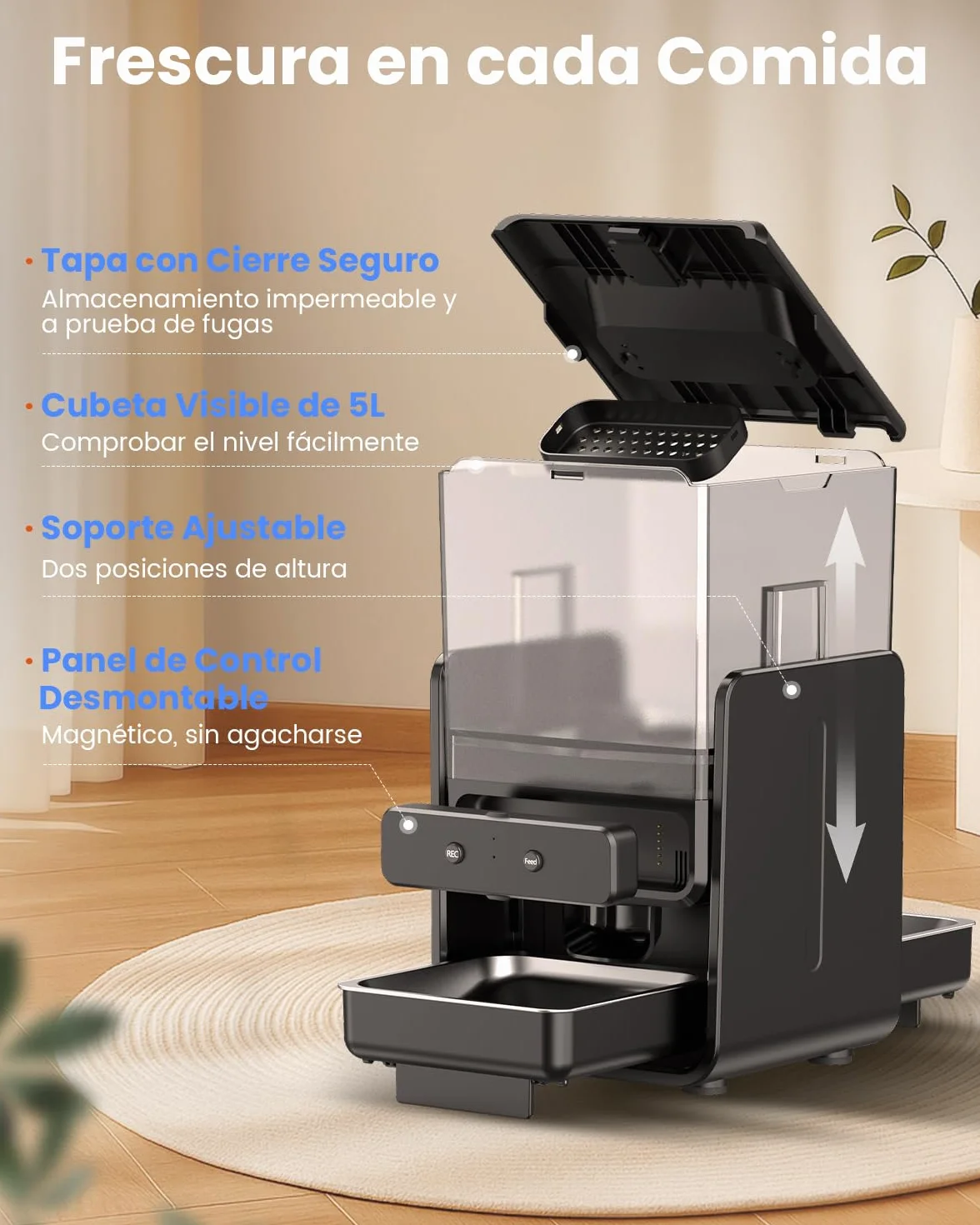 Comedero Gato Automatico con Control App para 2 Gatos, Altura Ajustable para Mascotas Pequeñas, Dispensador Comida Gatos de 5 litros para Alimento Seco, Grabadora de Voz