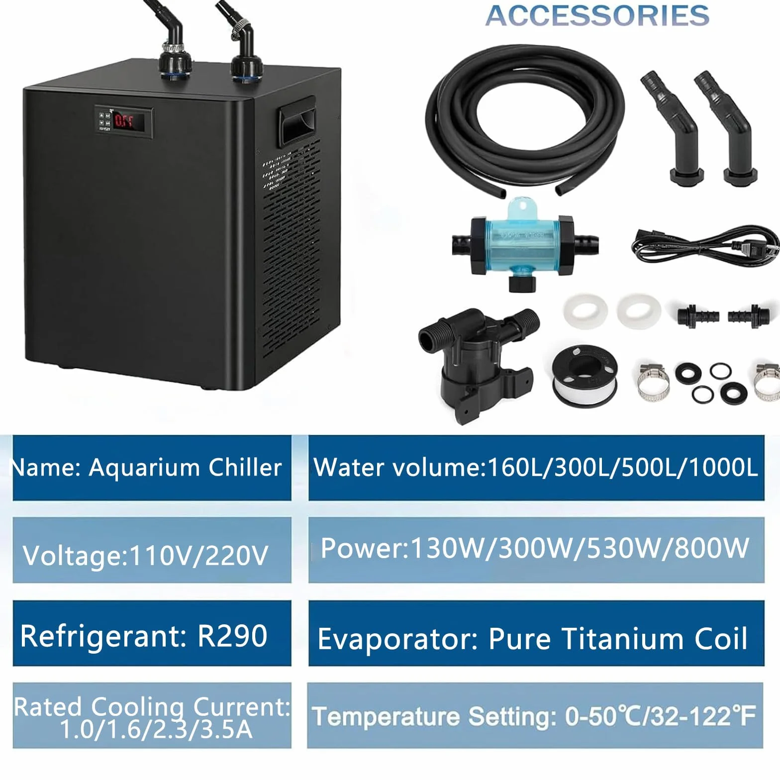 Enfriador de Agua para Acuario para Tanque de Peces compresor de refrigeración Axolotl Agua Salada, Medusas de Coral de Agua Dulce 300L/79gal | compresor de refrigeración Axolotl Agua Salada, Medusas de Coral de Agua Dulce