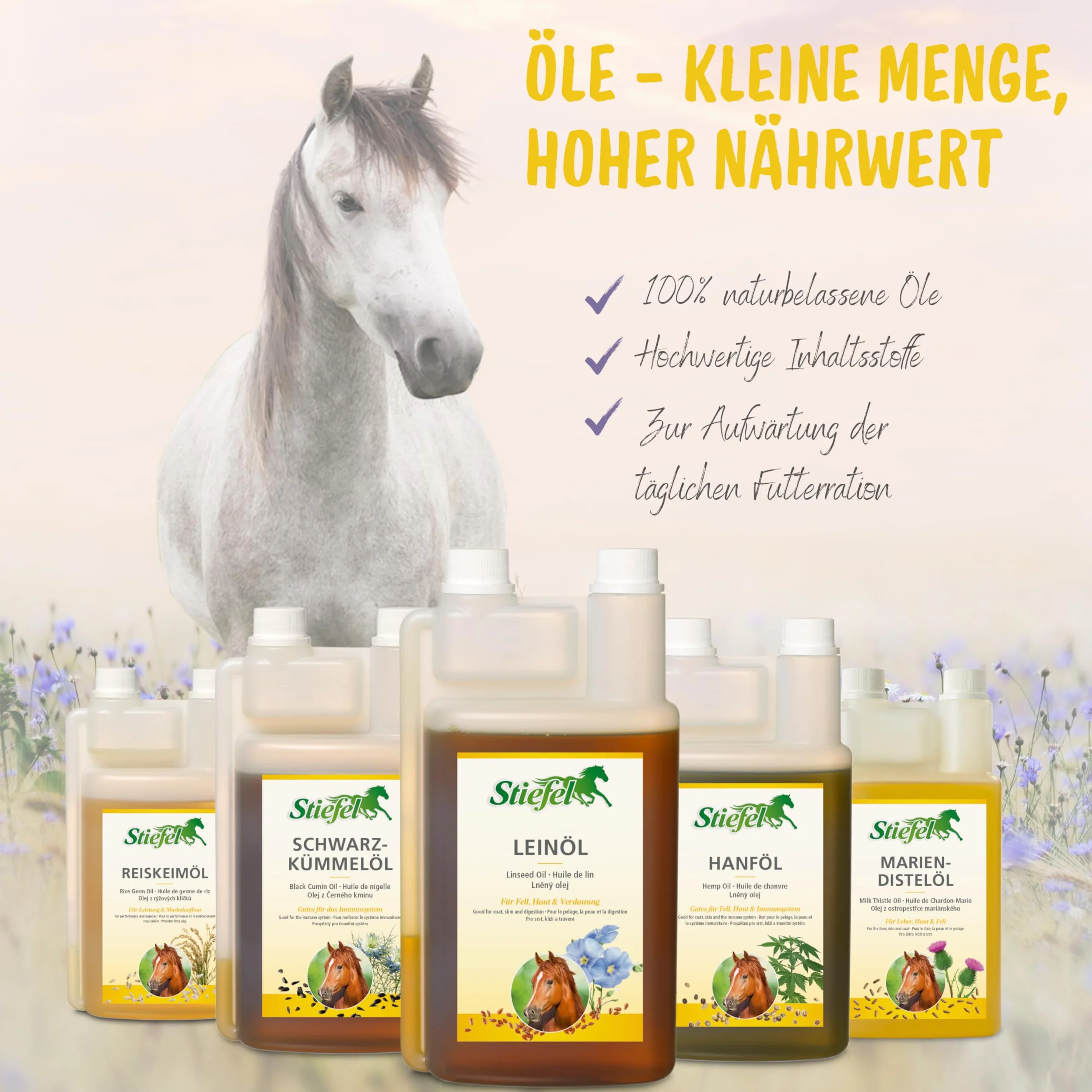 Stiefel Aceite de linaza para Caballos, 100% Natural, prensado en frío, favorece el Cambio de Pelaje, la digestión y la Piel, líquido con Botella dosificadora, 1 l