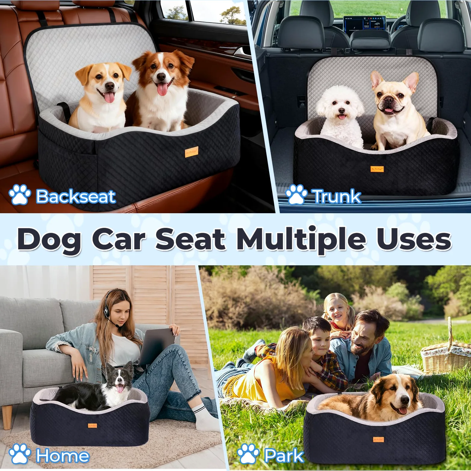Asiento de coche para perros grandes de hasta 60 libras o 2 perros pequeños con espuma viscoelástica de 4 pulgadas, asiento trasero mediano para mascotas con cinturones de seguridad triples, correas