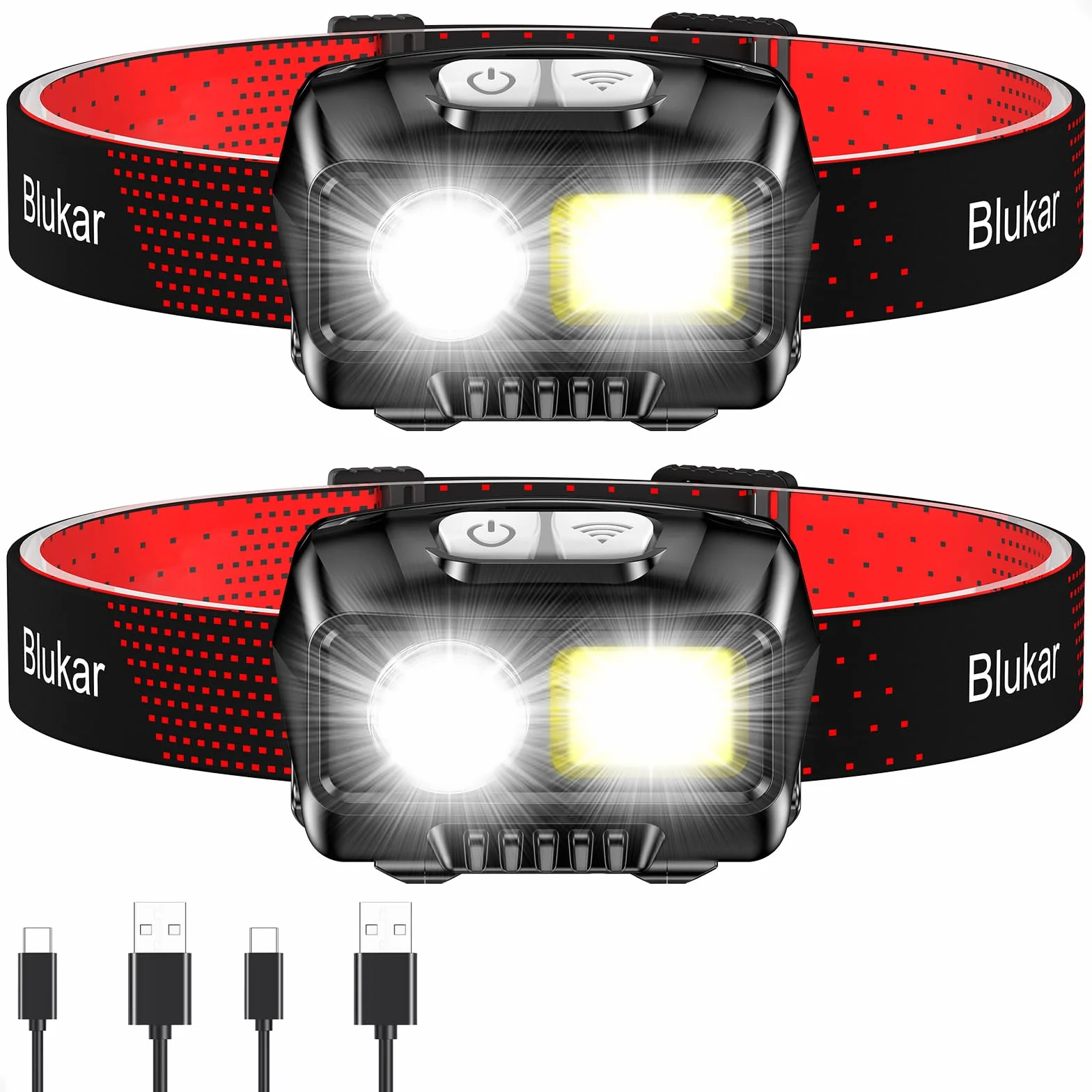 Blukar Linterna Frontal Recargable LED 2000L, 2 Pack, 8 Modos, Sensor Movimiento, Luces Rojas, 30h