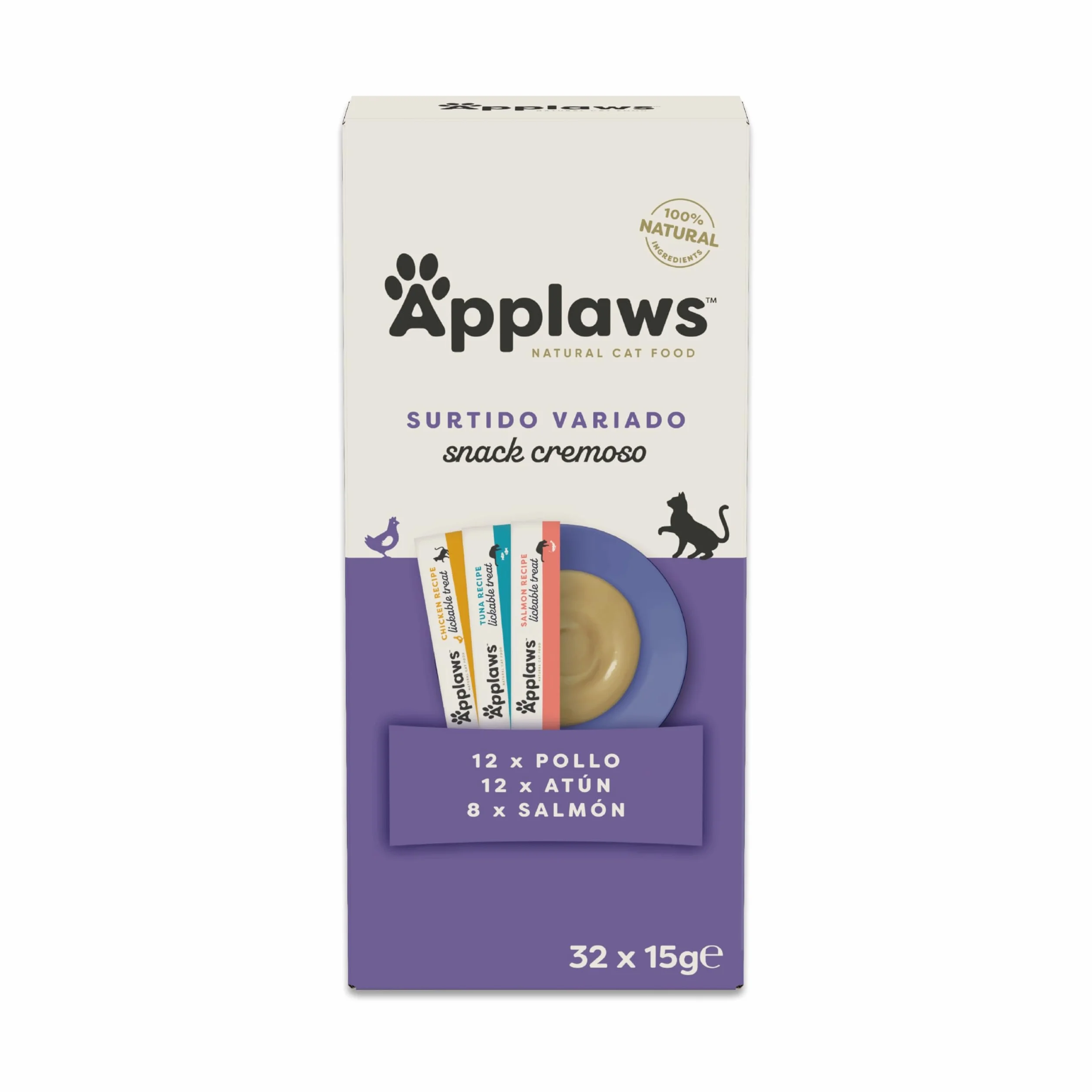 Applaws 100 % Natural cremoso lickable sin Cereales Snack para Gatos y Gatitos, Pack Variedad, 32 × 15 g Sobres