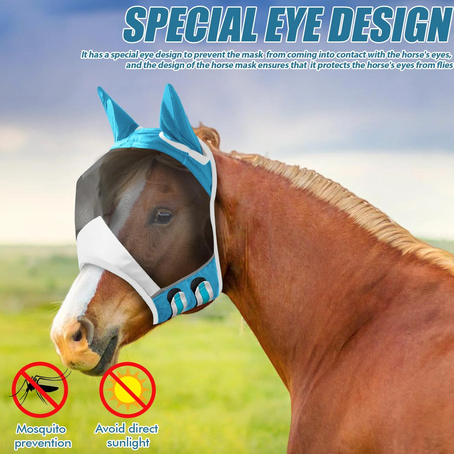 Máscara de mosca para caballo, protección UV con protección para las orejas, máscara de caballo con orejas, protección protectora, malla transpirable