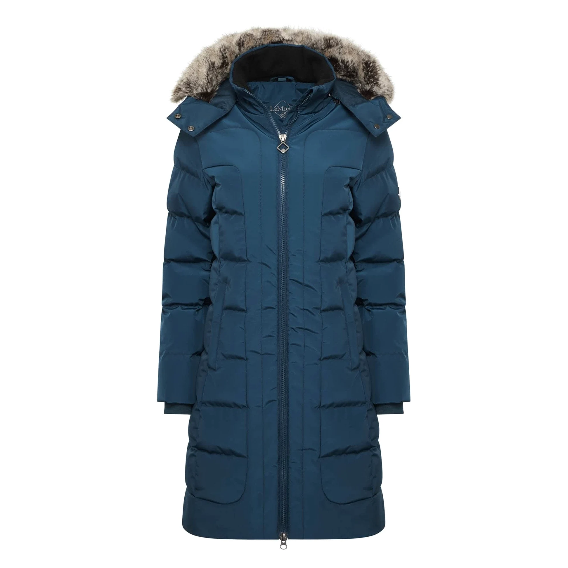 LeMieux Loire - Abrigo de equitación de invierno cálido con cremallera de 2 vías, bolsillos con cremallera, abrigo de invierno con capucha extraíble y ribete desmontable para mujer, Atlantic Blue, 36