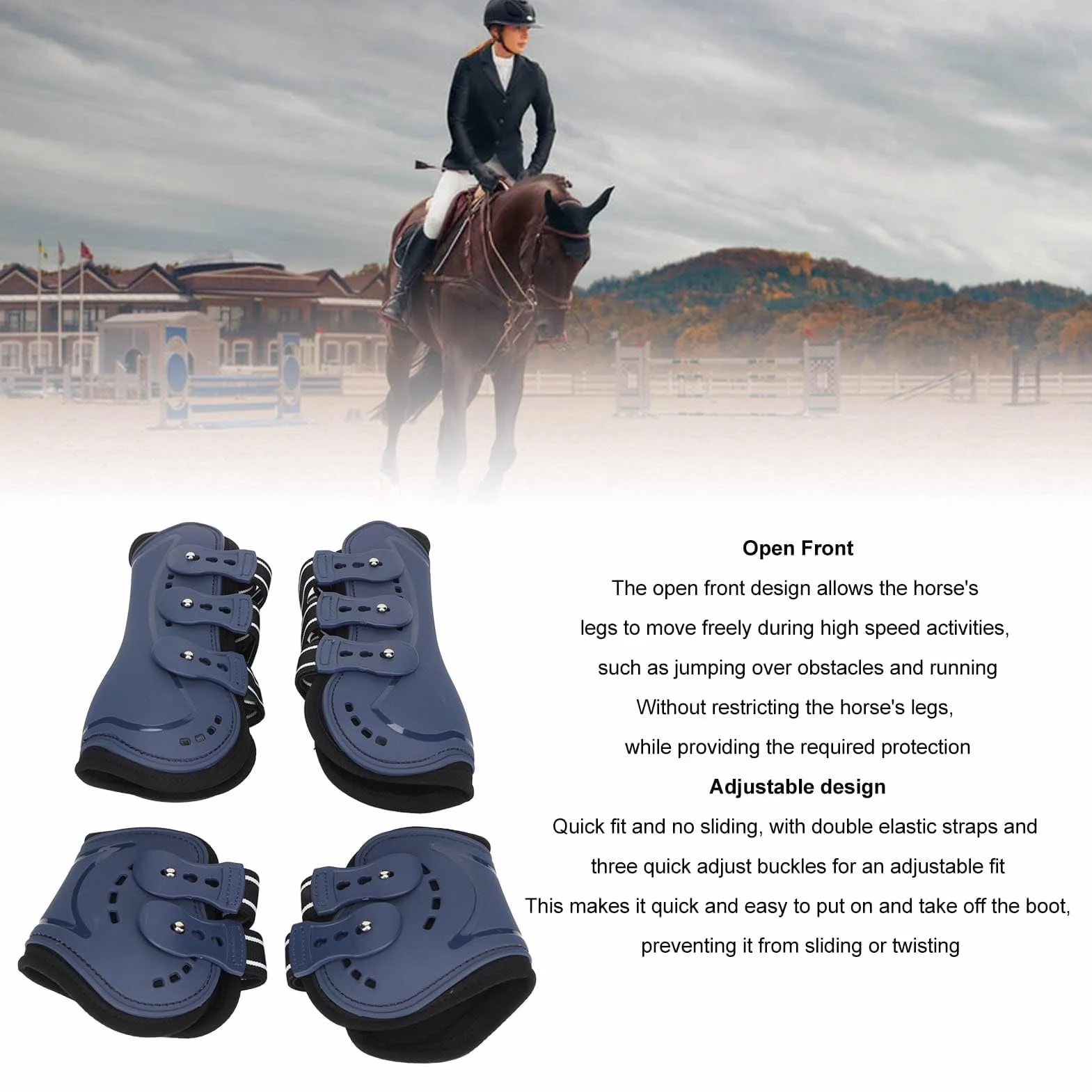Botas Protectoras Para Tendón De Caballo, Bota De Menudillo Frontal Abierta Ajustable, Botas Protectoras Transpirables Para Tendón De Salto De Caballo, Juego Azul De 4(M)