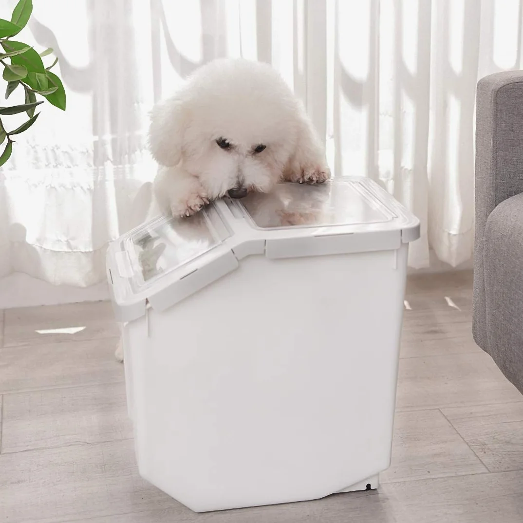 Contenedor de almacenamiento de alimentos de plástico de 10 kg con tapa y ruedas, organizador grande hermético para mascotas y cocina para perros y gatos, harina, cereales, incluye taza