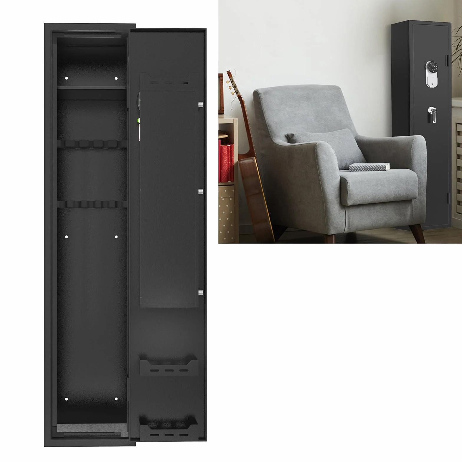 YUENFONG Armario para armas 3-5 rifles, caja fuerte cerradura electrónica, armario para armas largas 2 llaves, ajustable, negro