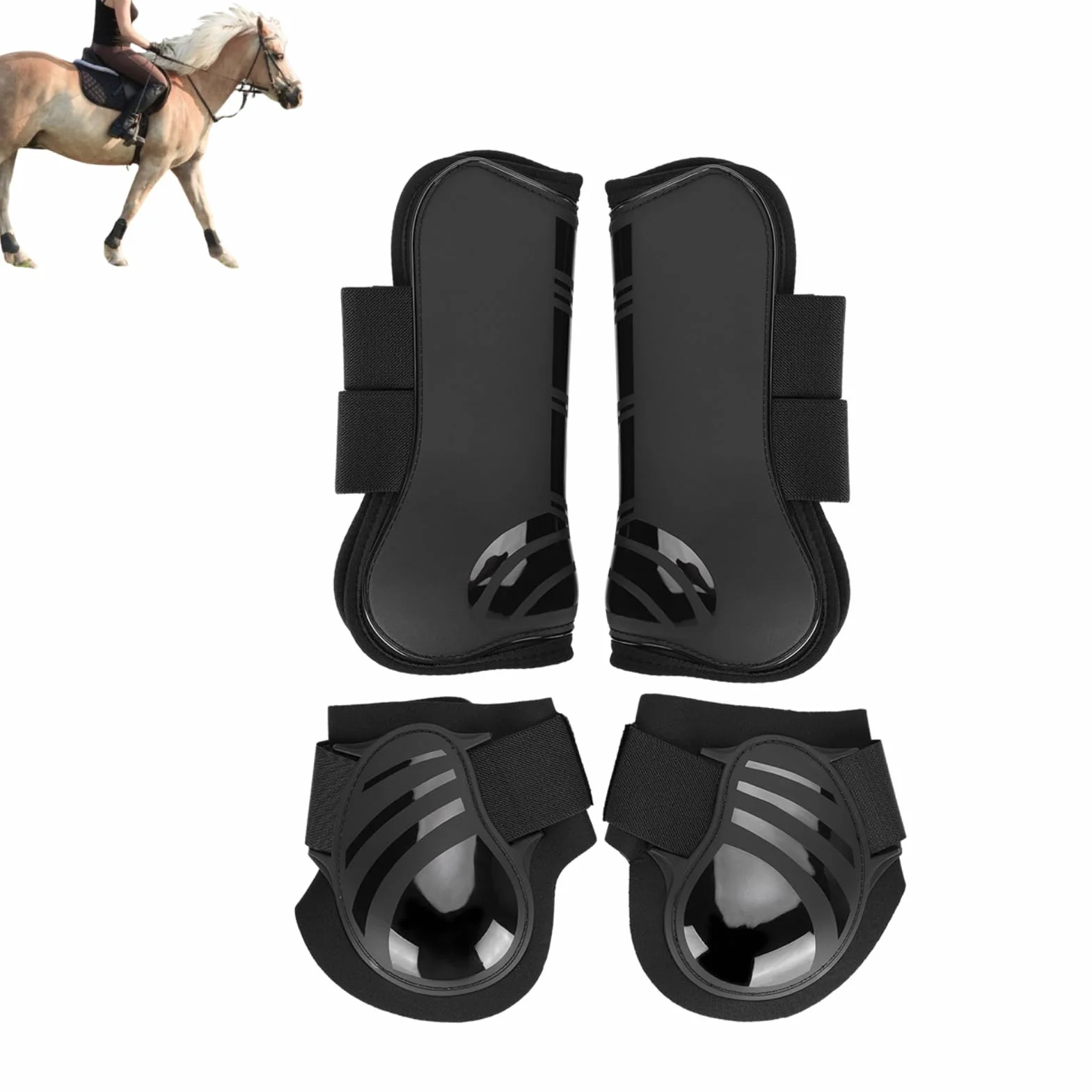 HERCHR 2 Pares de Botas para tendón de Caballo, Protector de piernas Abierto y Grueso de PU con Bloqueo Frontal, protección Segura para piernas para Entrenamiento, Salto y equitación