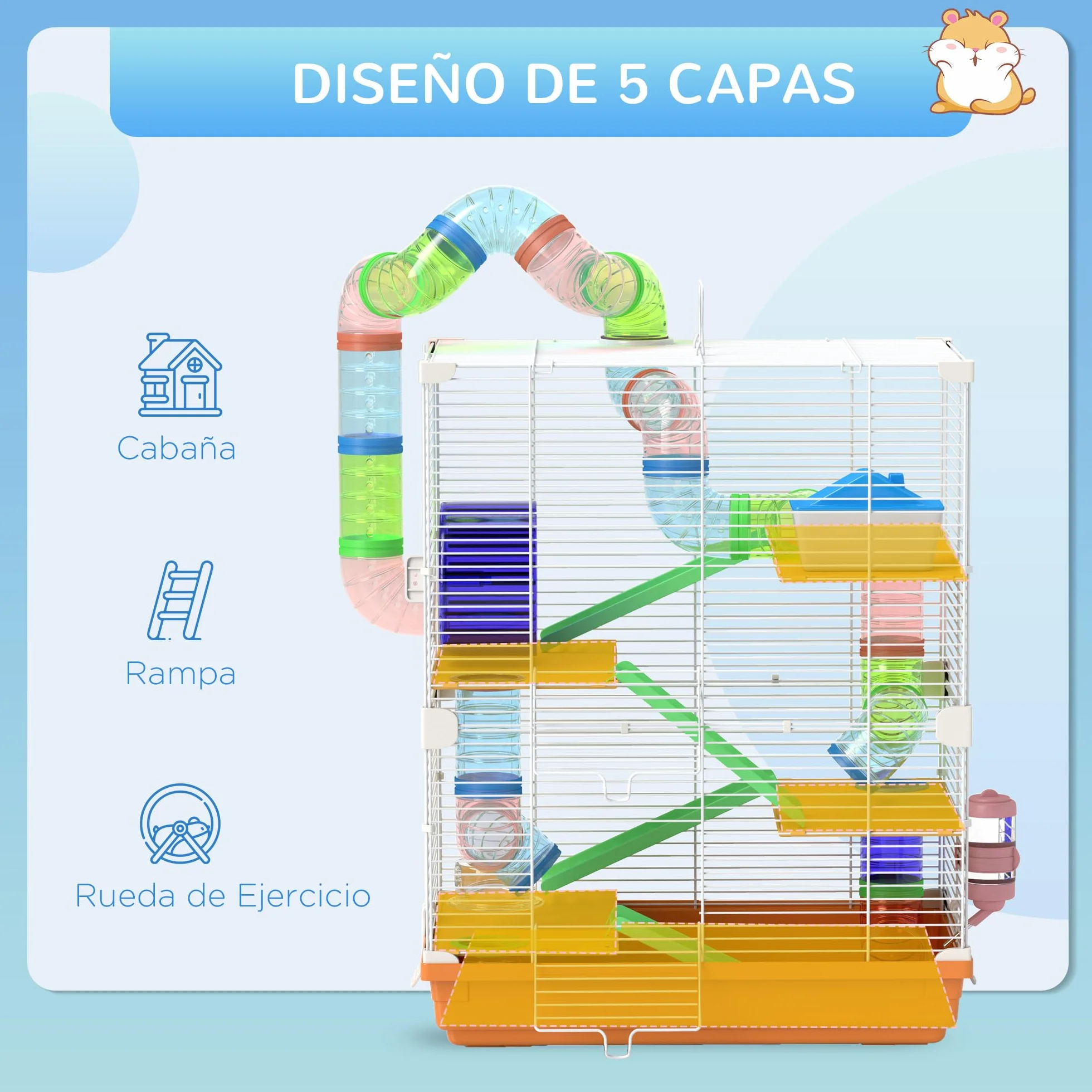 PawHut Jaula para Hámster de 5 Niveles, Casa para Roedores Pequeños con Túnel, Plataformas, Cuenco, Bebedero, Casita, Rampas y Rueda de Ejercicio, para Jerbos, 46x30x58 cm, Naranja