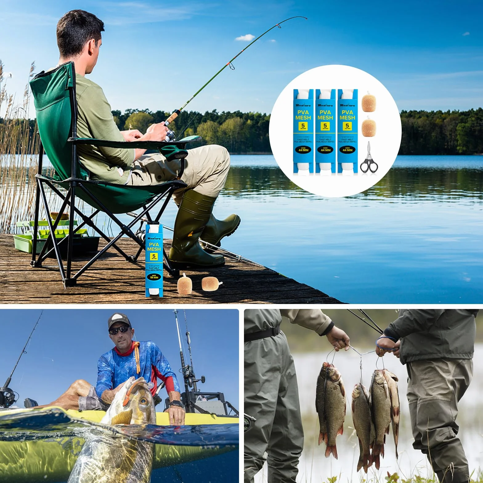 Realure 3 piezas 5 m PVA red de pesca 25 mm 37 mm 44 mm ancho malla accesorios carpas tijeras bolsa fusión rápida cebo boilie