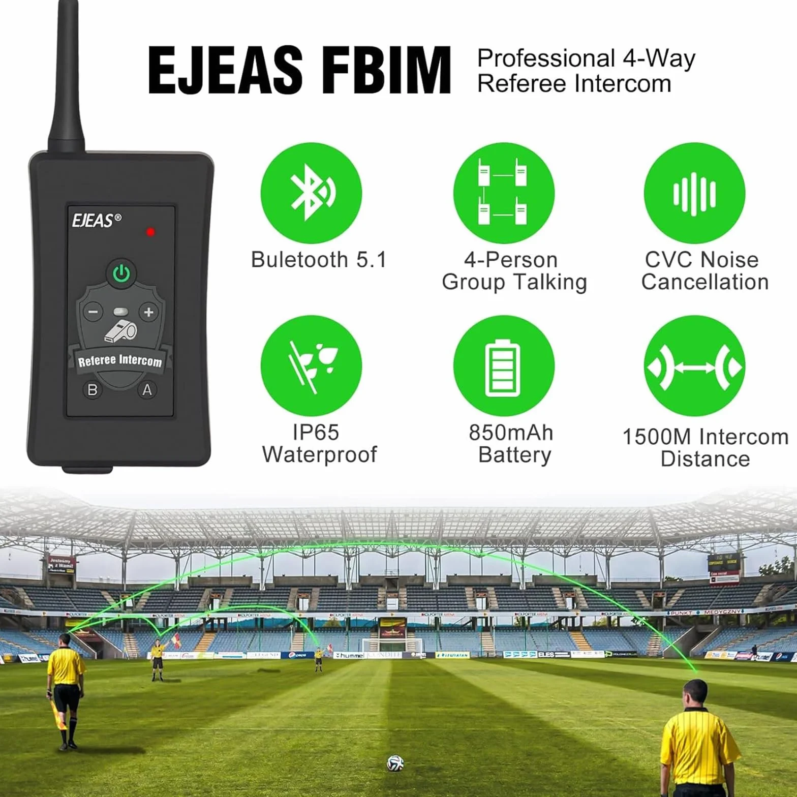 EJEAS FBIM Profesional Sistema de Comunicación con Intercomunicador Bluetooth 1500M 4 Personas Reducción de Ruido CVC Brazalete 2 Paquete