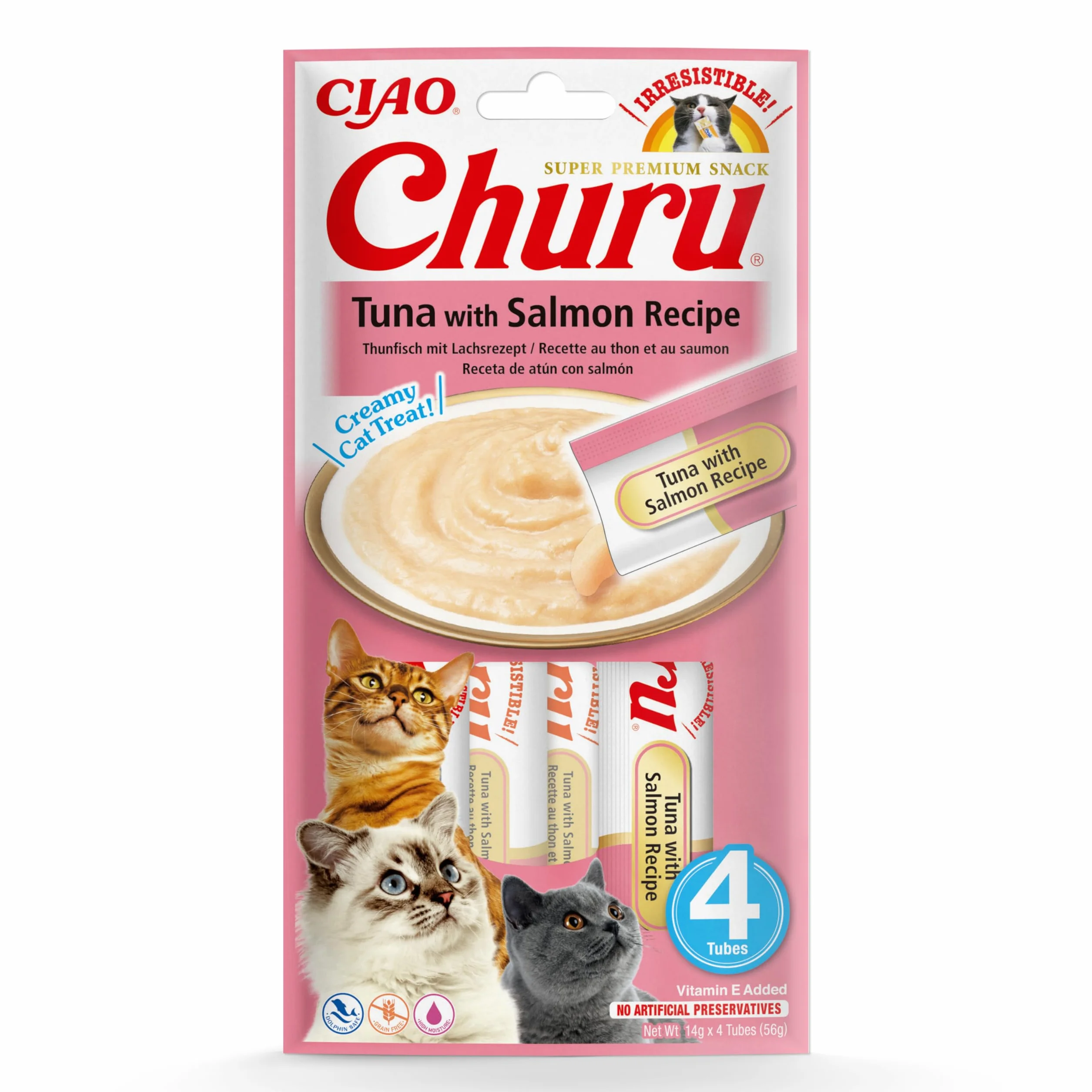 INABA Churu Gatos - Snacks Saludables - Receta de Atún con Salmón - Premios con Textura Cremosa - Sin Cereales, Sin Conservantes, Sin Colorantes - Sólo 6 Cal - 56g (4 Tubos x 14g)