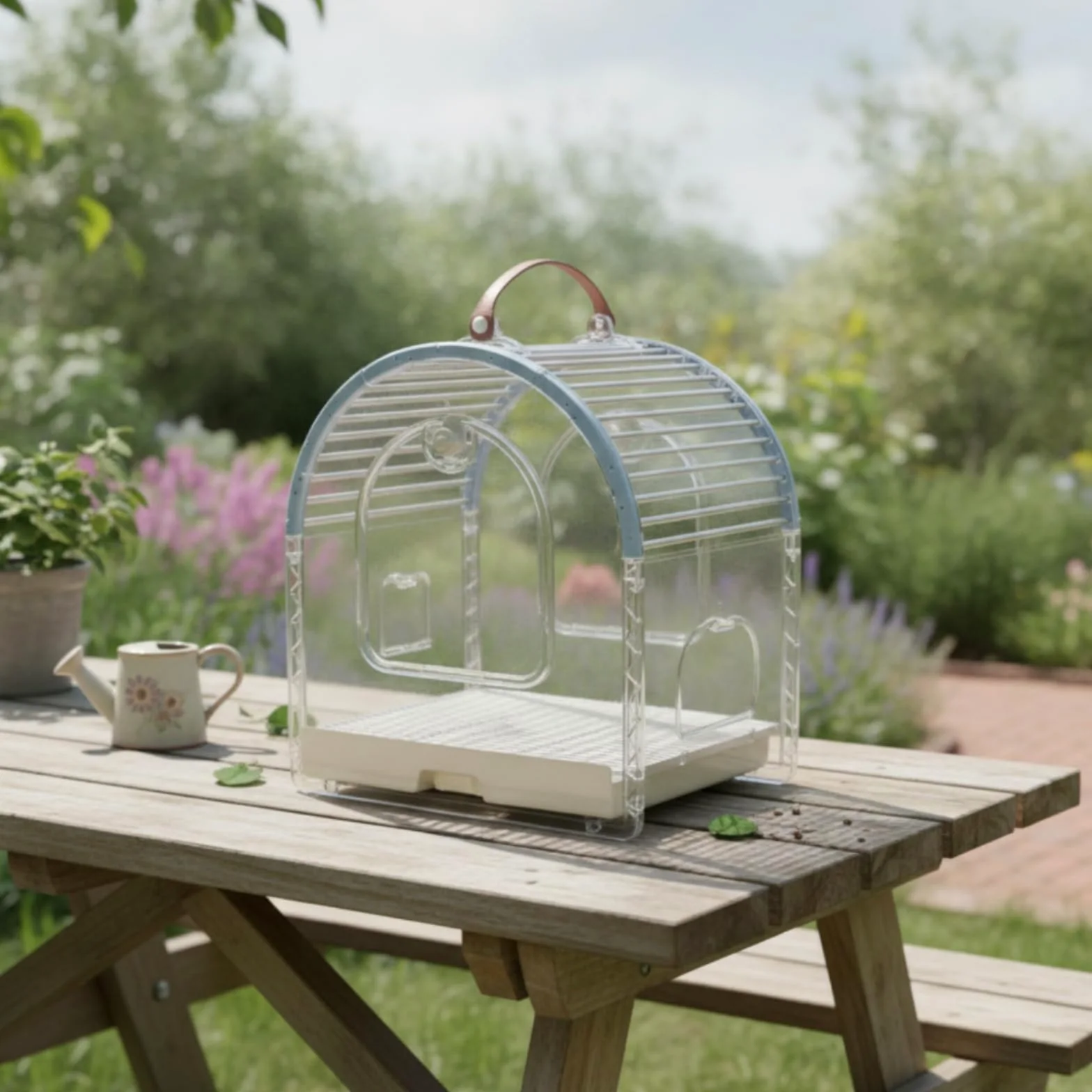 Jaula para Pájaros Portátil Jaula Transporte Aves Hábitat Compacto Cúpula Transparente Barras Acero Inoxidable Ventilada con Comederos Laterales y, Azul