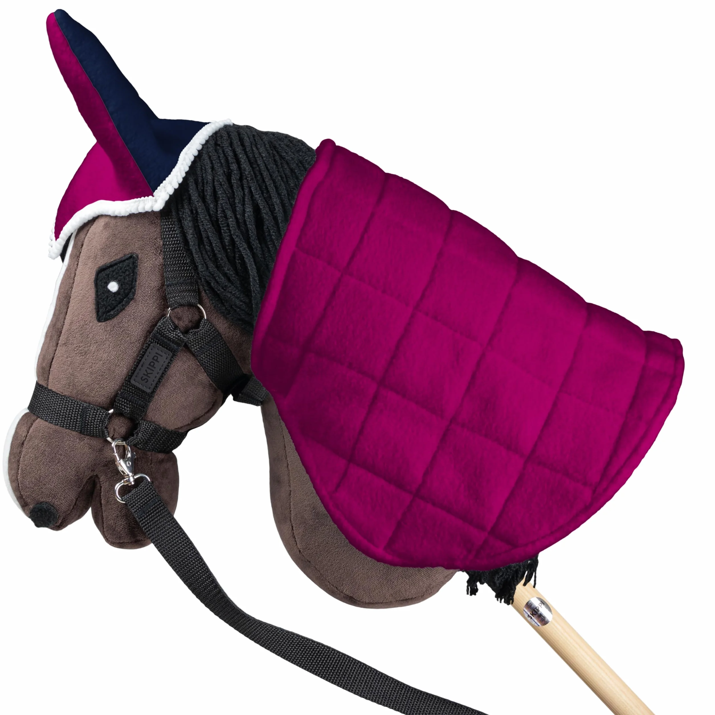 SKIPPI Manta y Orejeras para Caballo Hobby Horse – Fucsia y Azul Marino, Hobby Horse Accesorios, Manta Reversible y Orejeras Antimoscas para Caballo de Palo, Hobby Horsing