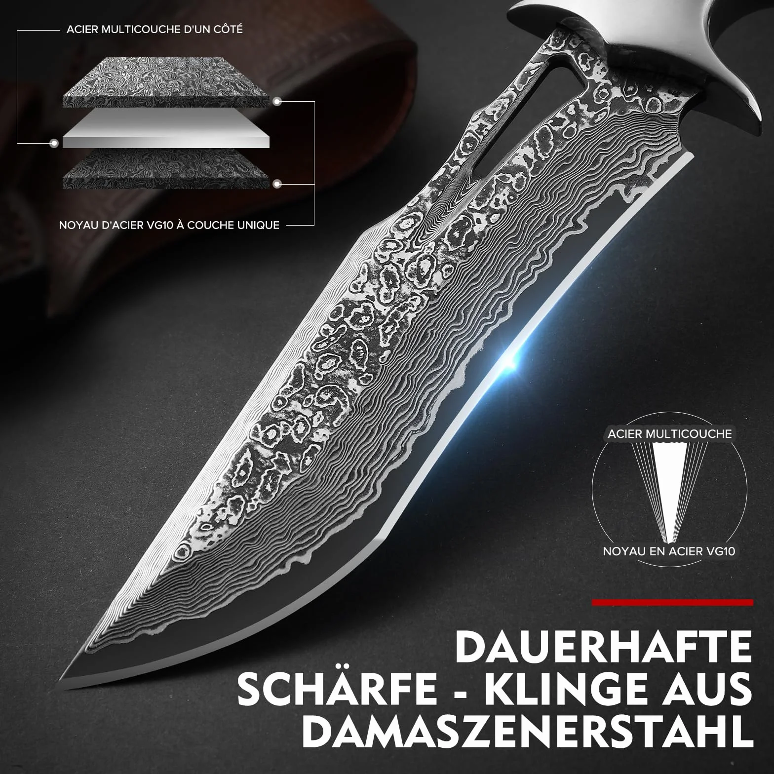 Omesio Cuchillo de Supervivencia Damasco Acero Hoja Funda Incluida Mango Madera Estilo Japonés