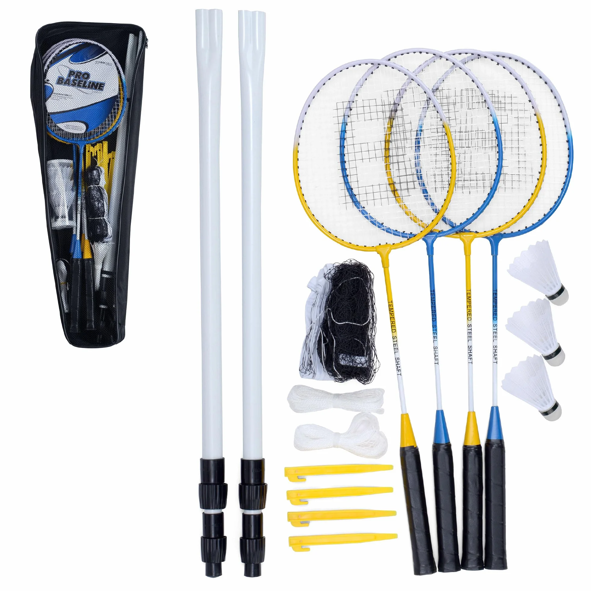 Baseline Juego de bádminton para 4 Jugadores, Incluye 4 Raquetas, 2 Volantes, Red y Postes, portátil con Bolsa de Transporte
