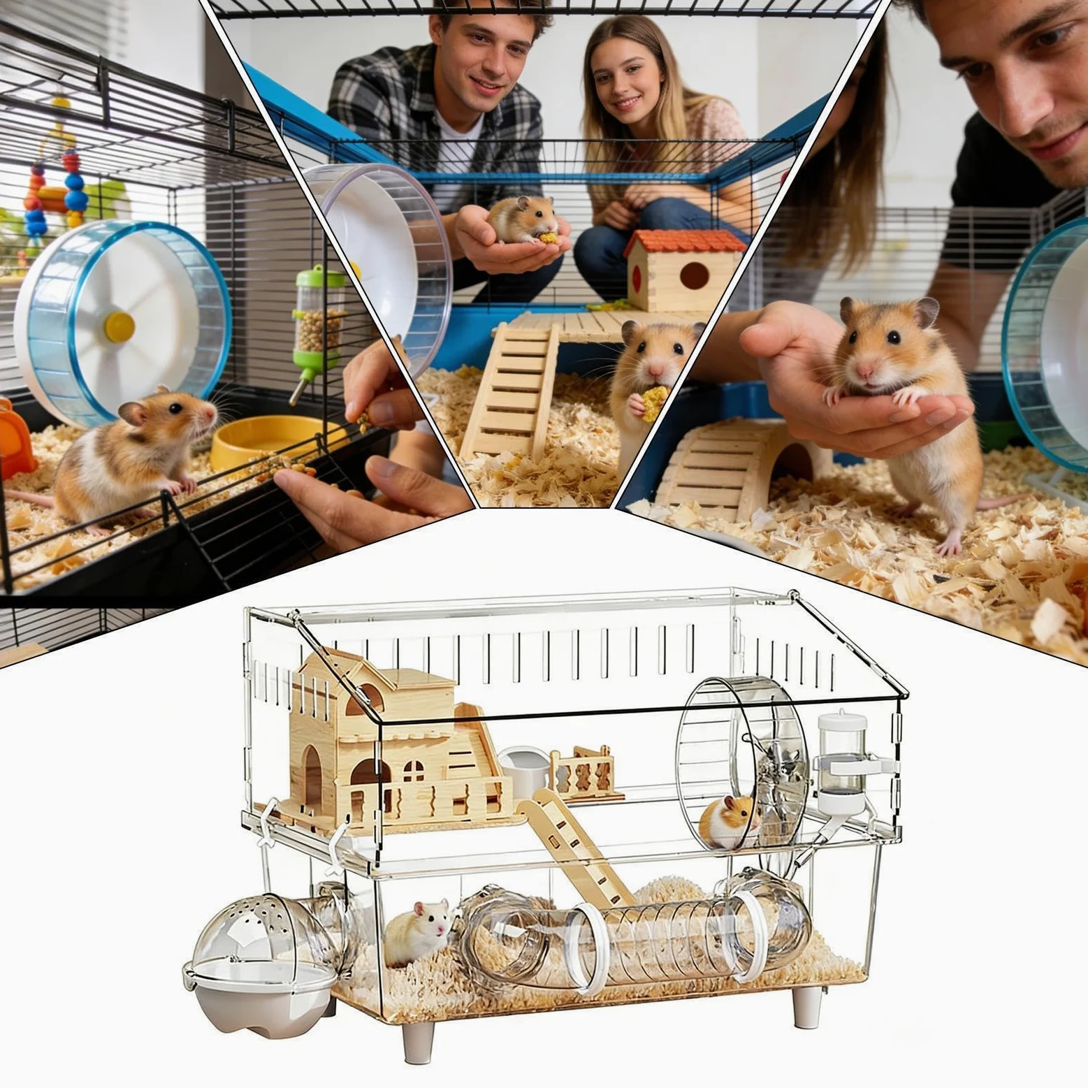 Jaula para Hámster Casa Transparente de 2 Niveles para Chinchilla | Jaula con Bebedero y Arenero Observación de Mascotas en Casa, Interior y Exterior