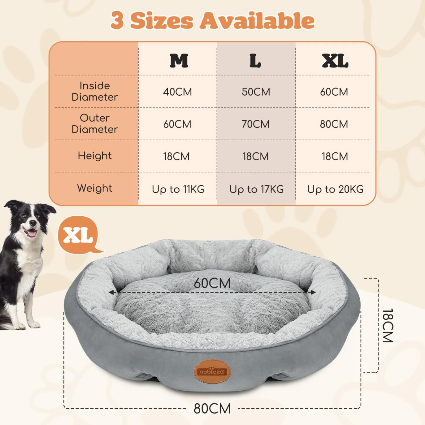 Nobleza Cama para Perros Pequeños, Cama Lavable para Mascotas, Sofá Redonda de Perros y Gatos Antideslizantes y Antiestres, Felpa Suave y Mullida, Bordes Elevados, Gris, Ø80 x 18 cm