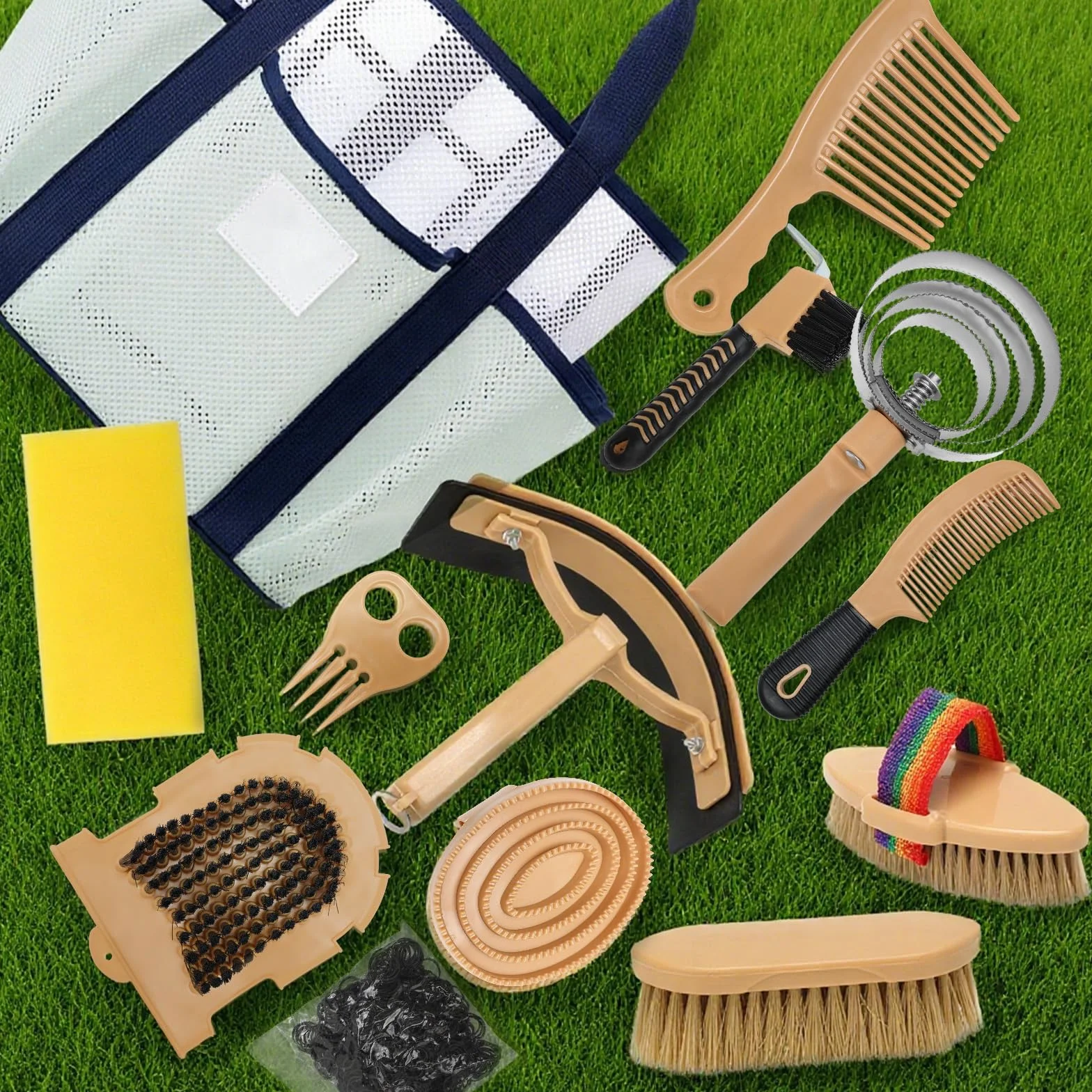 Kit de aseo para caballos de 13 piezas con 12 accesorios y 1 bolsa de almacenamiento, Serie Cuidado del Caballo, Amarillo, Cepillos para Caballos, Cepillos de Cerdas, Aseo, Accesorios de Aseo