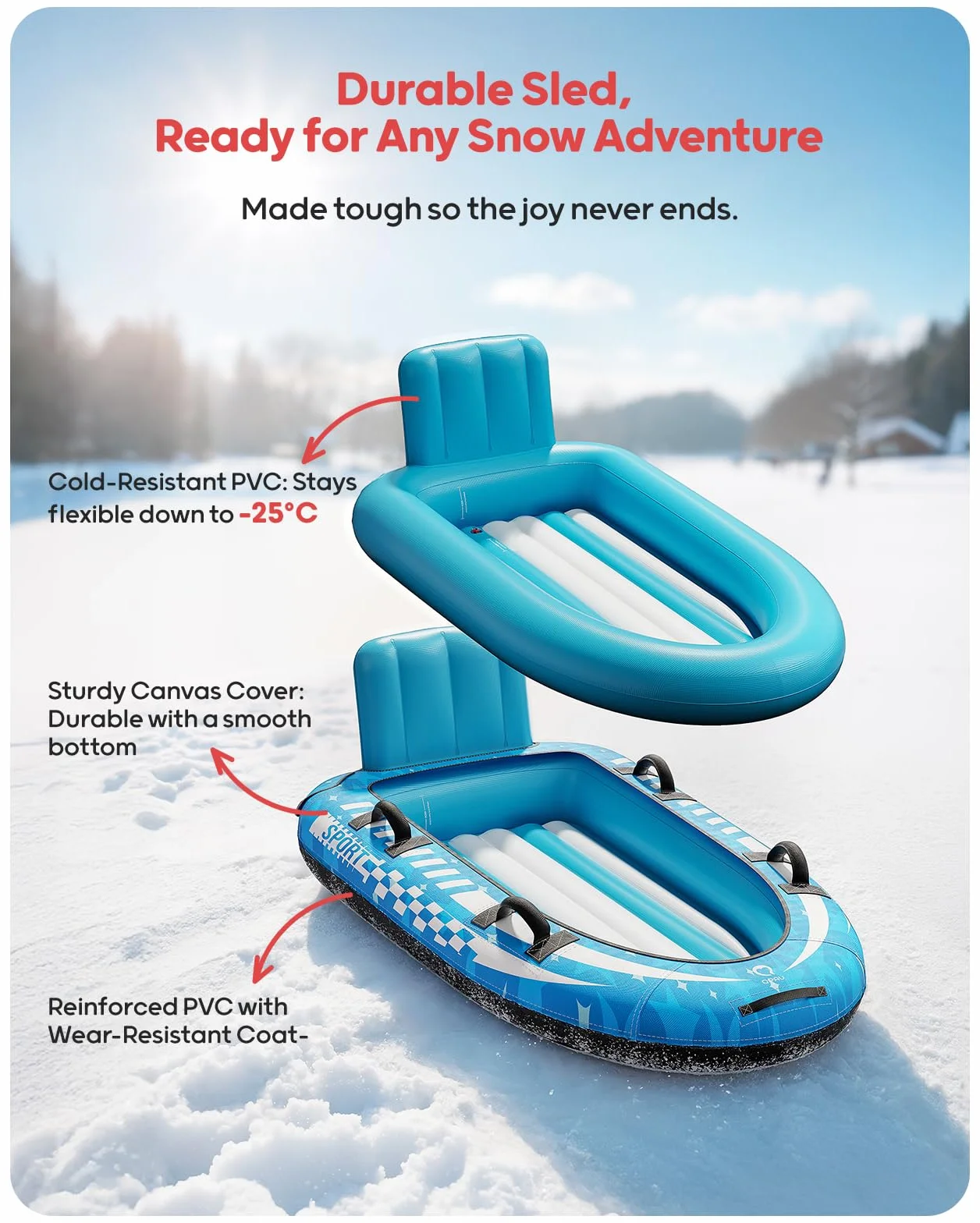 QPAU Trineo de nieve inflable para 2 personas con cubierta de lona, respaldo y asas reforzadas
