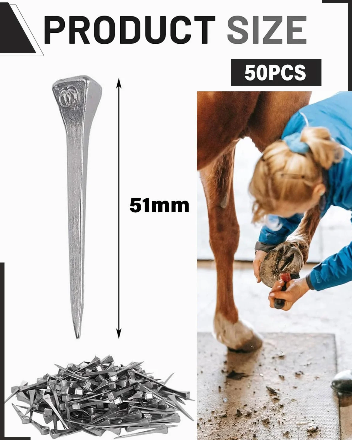 50 Piezas Clavo de Herradura, 51 mm Clavos de Acero de Caballo, Acero Carbono, no Fácil Oxidar, Caballo Clavo de Pezuña para Arreglar Herraduras, Plateado