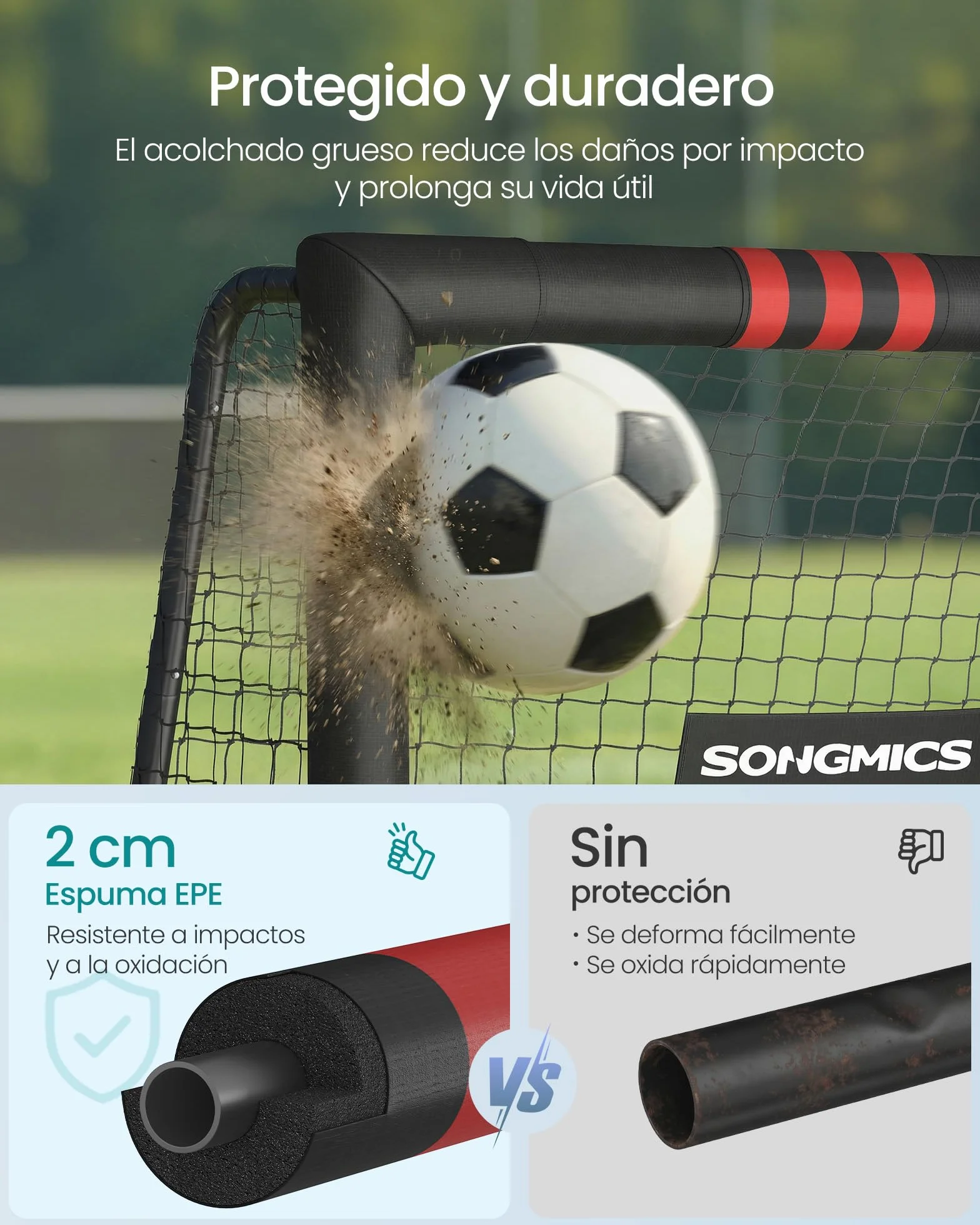 SONGMICS Portería de Fútbol 120 x 300 x 200 cm Acero Red PE Exterior Negro