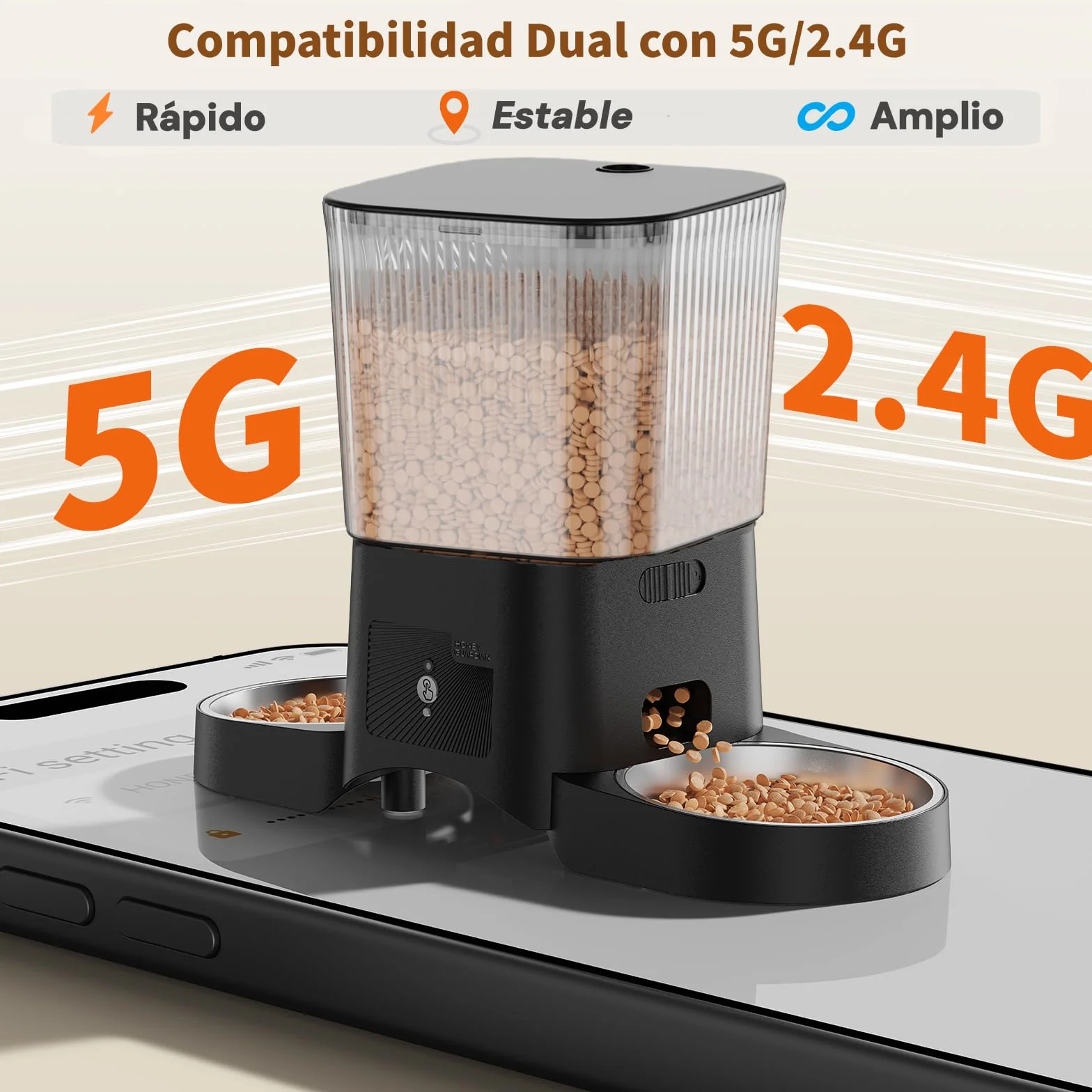 HONEYGUARDIAN Comedero Automático Gatos 2 Tazones, 5G/2.4G WiFi Dispensador Comida Gatos/Perros Automático, Control de App, 4 Pies Antideslizantes, 1-6 Comidas/día, Múltiples Mascotas, 3.5L Doble