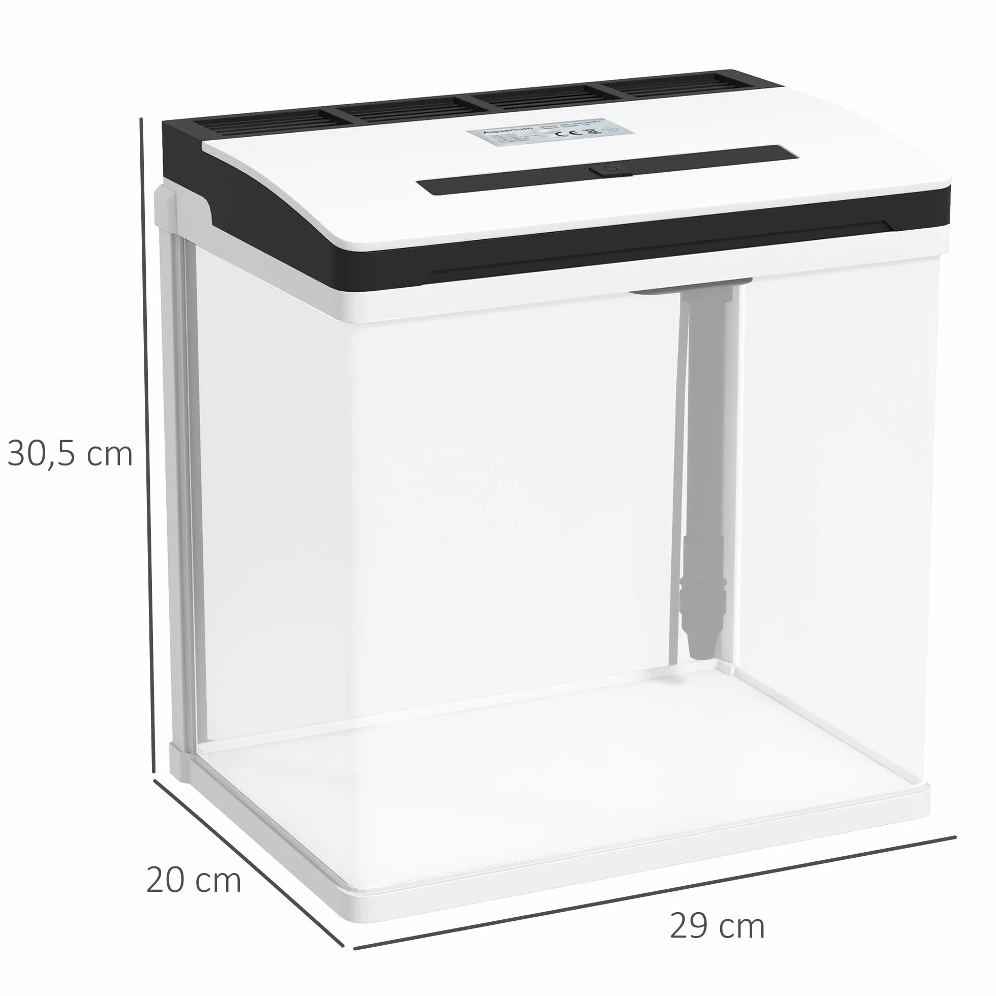 PawHut Acuario de Cristal de 13L Pecera Pequeña con Sistema de Filtro Iluminación LED Bomba de Agua 29x20x30,5 cm Blanco