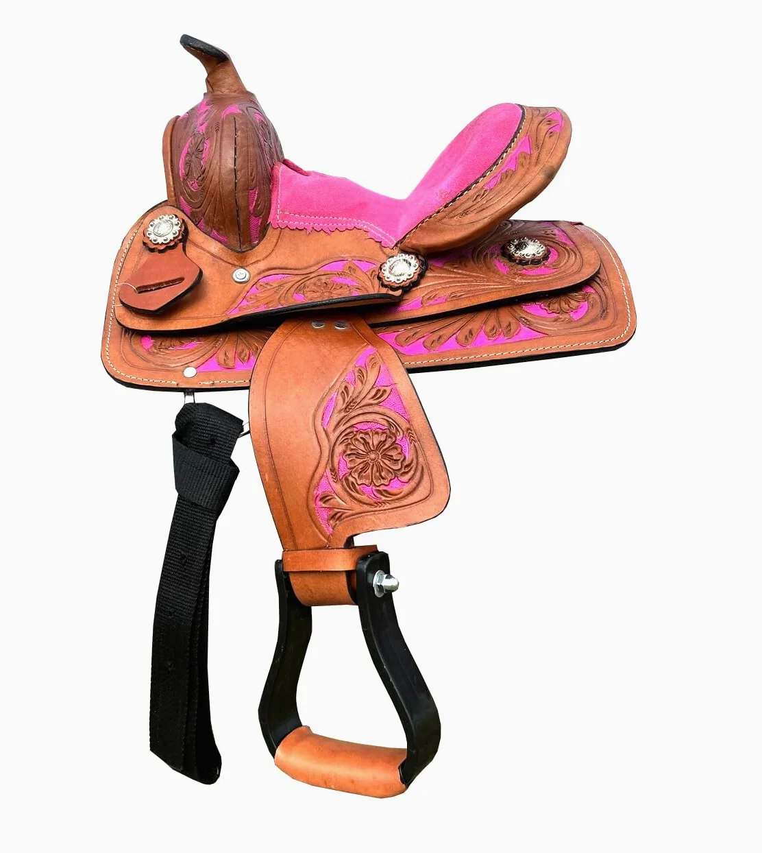 Sillín de barril de caballo Western Kids de 10, 11, 12 y 13 pulgadas para montar a caballo, sillín con herramientas florales con conchos plateados ME-WLS-224D