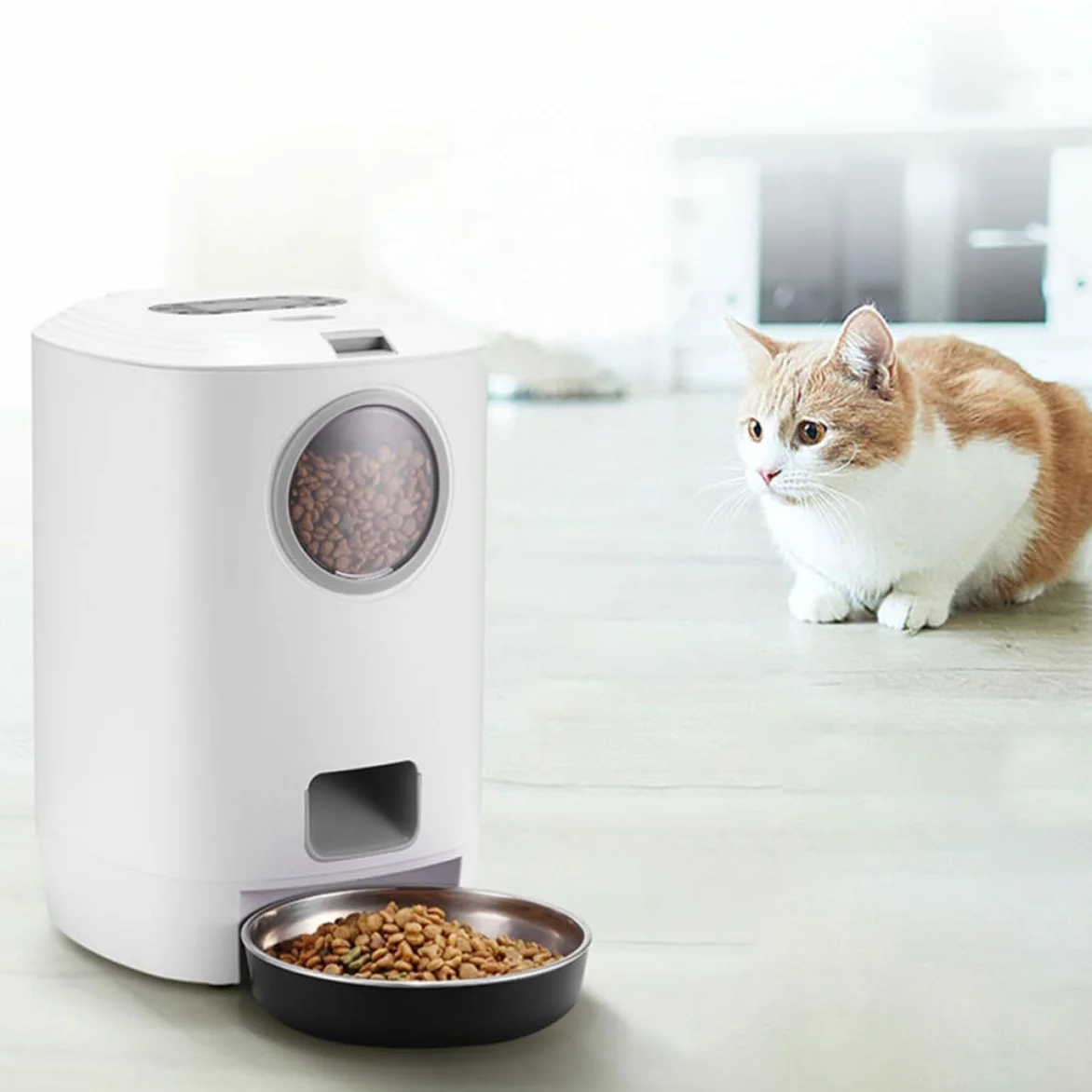 Comedero Automático para Mascotas Contenedor de Alimentación para Mascotas 4.5l Blanco Carga USB Desmontable Abs Acero Inoxidable y PC para Gatos y Conejos