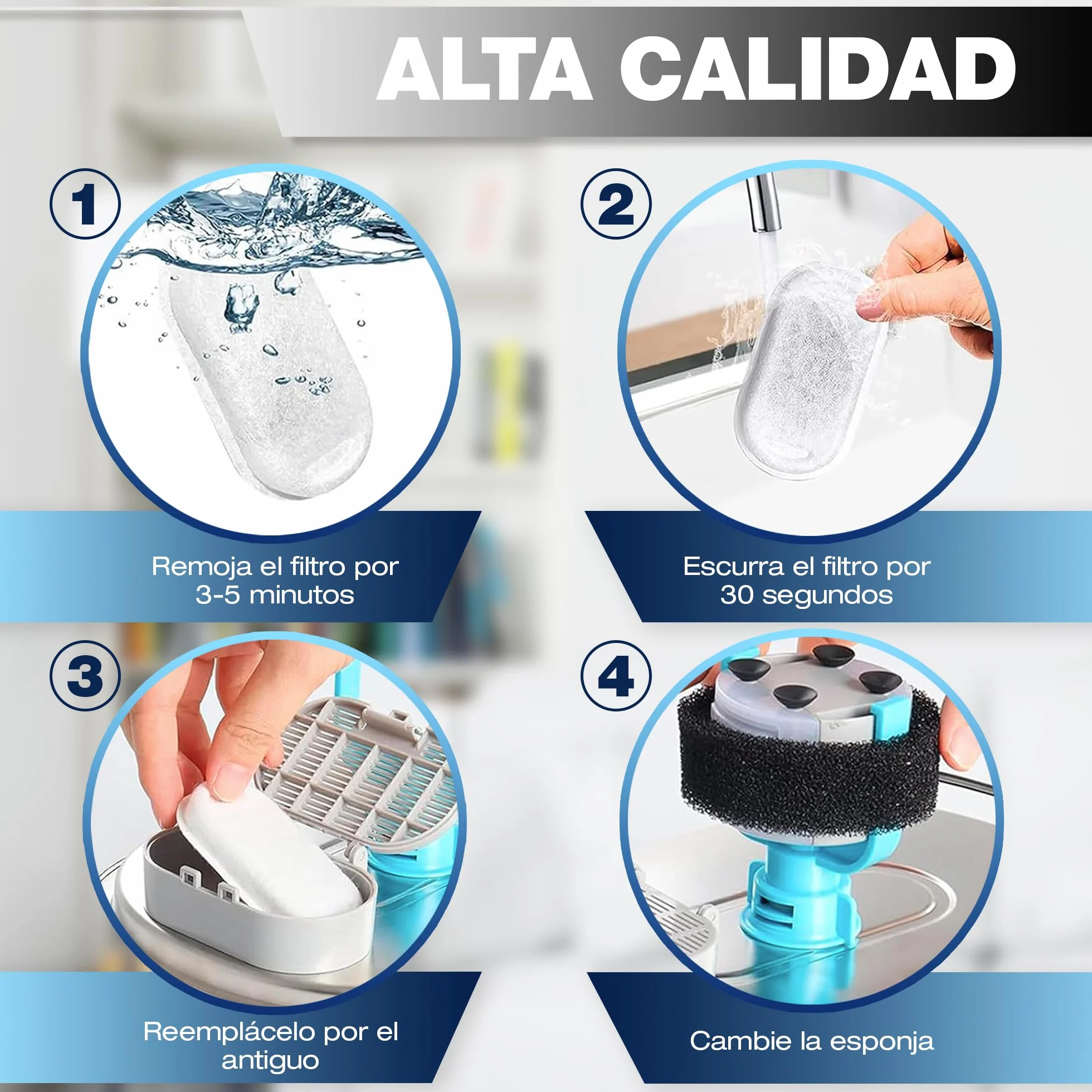 Filtros Fuente Gatos 8 uds – 4 Filtros de Carbón Activo + 4 Esponjas – Filtro Fuente para Gatos de Triple Capa – Recambios – Reduce Cloro y Olores – Compatible Acero Inoxidable y Plástico